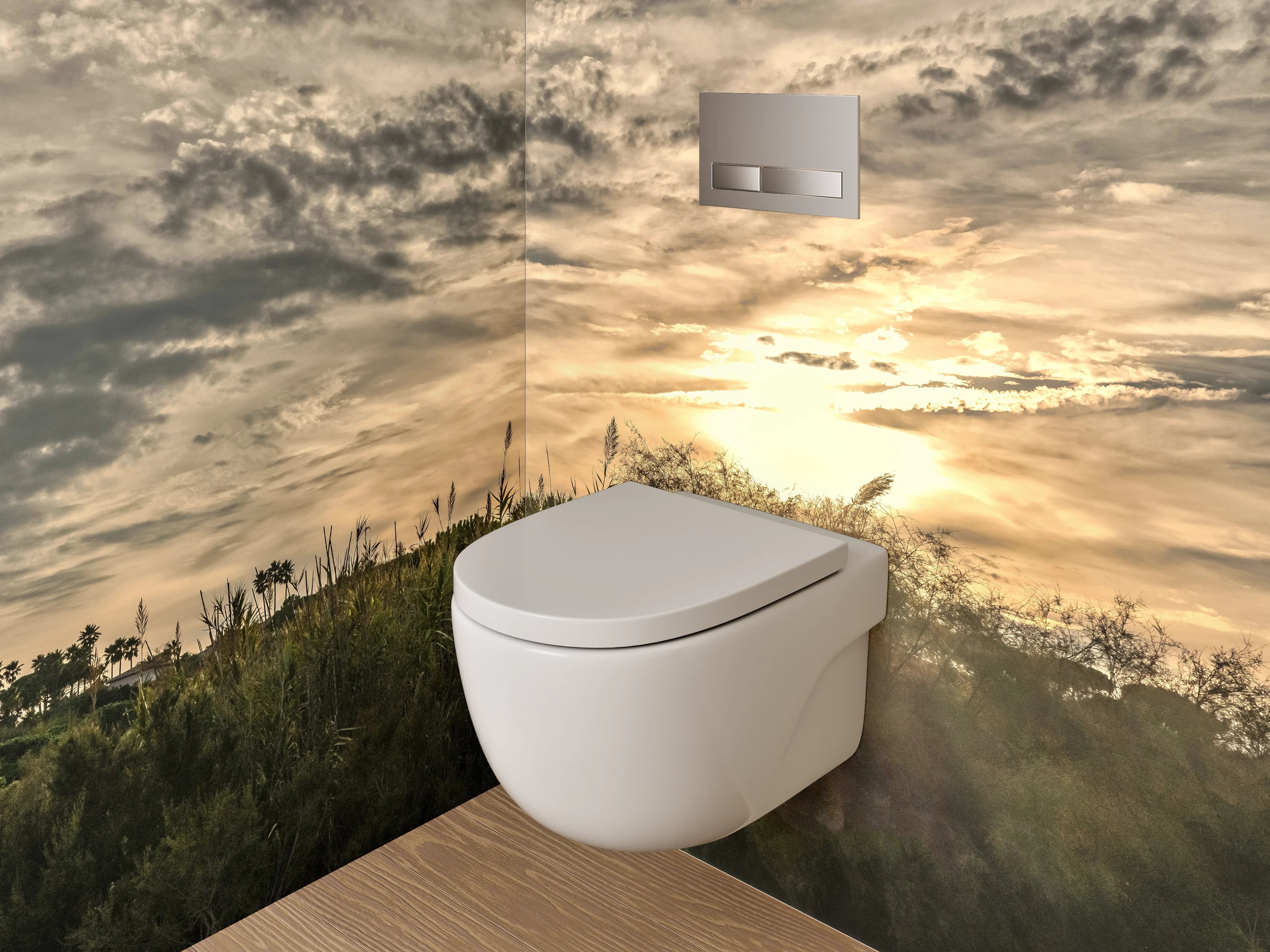 WC-Rückwand - Sonnenuntergang über wilder Landschaft