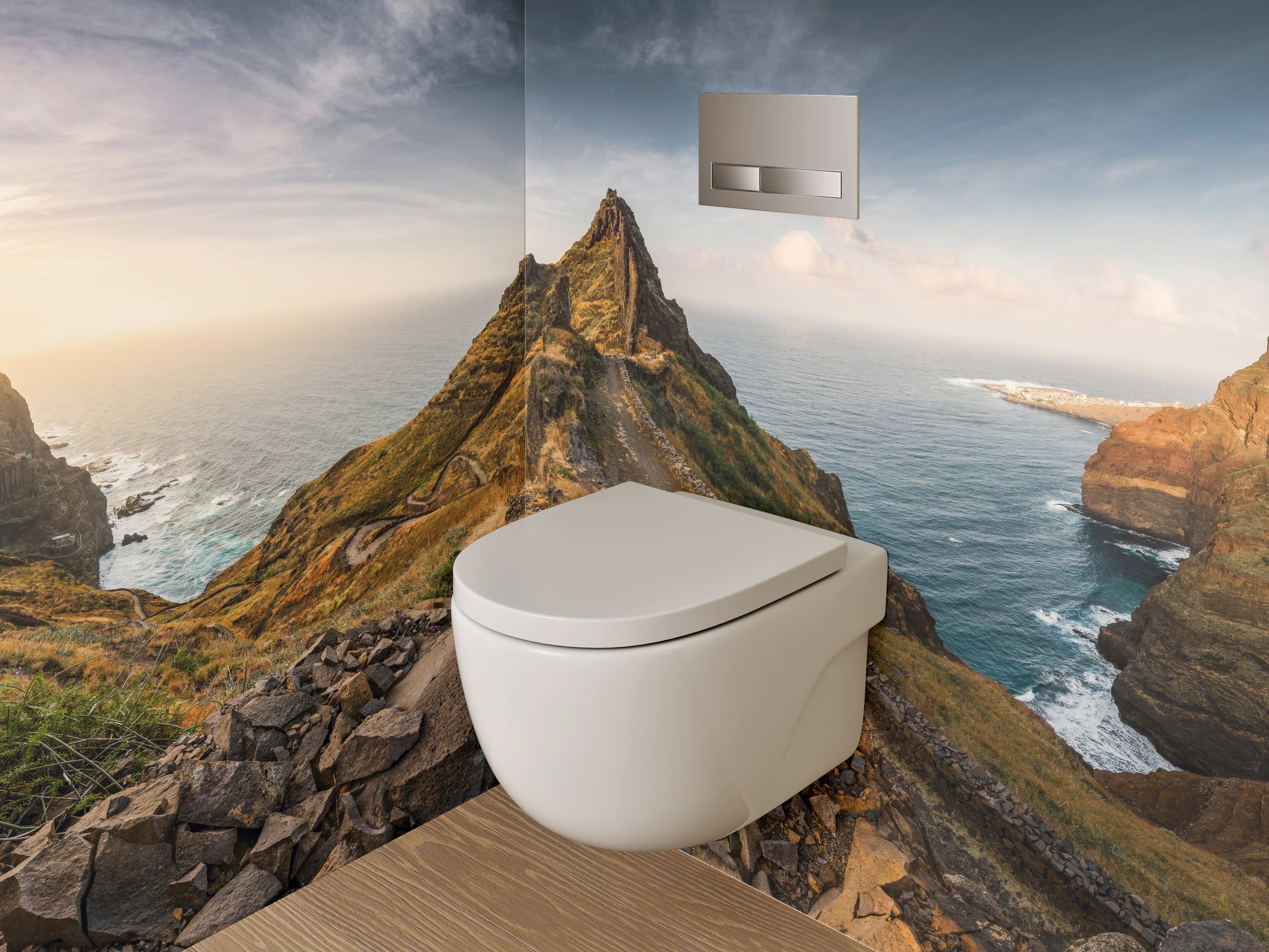 WC-Rückwand - Spektakuläre Berglandschaft am Meer