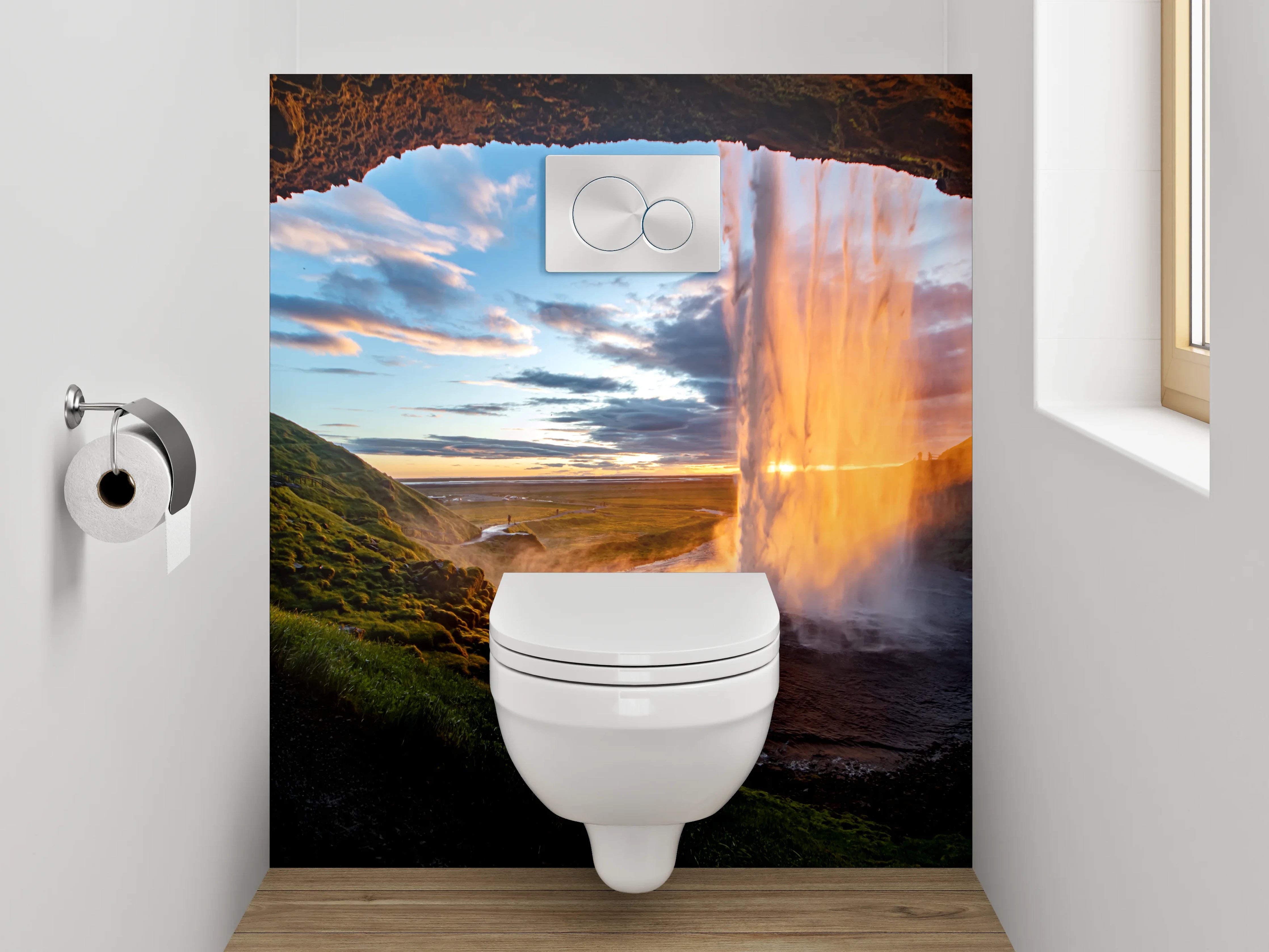 WC-Rückwand - Spektakulärer Wasserfall Island Sonnenuntergang