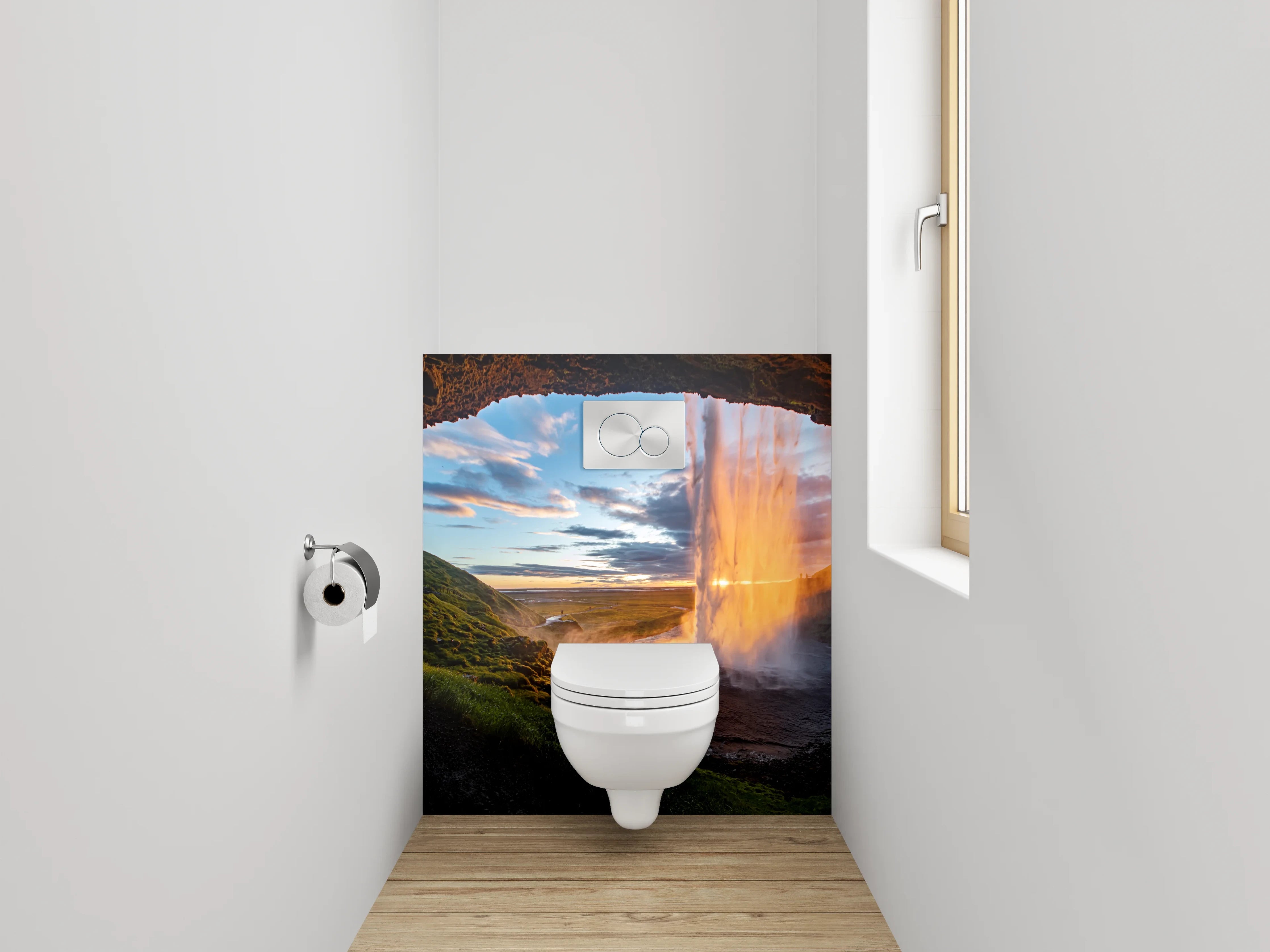 WC-Rückwand - Spektakulärer Wasserfall Island Sonnenuntergang