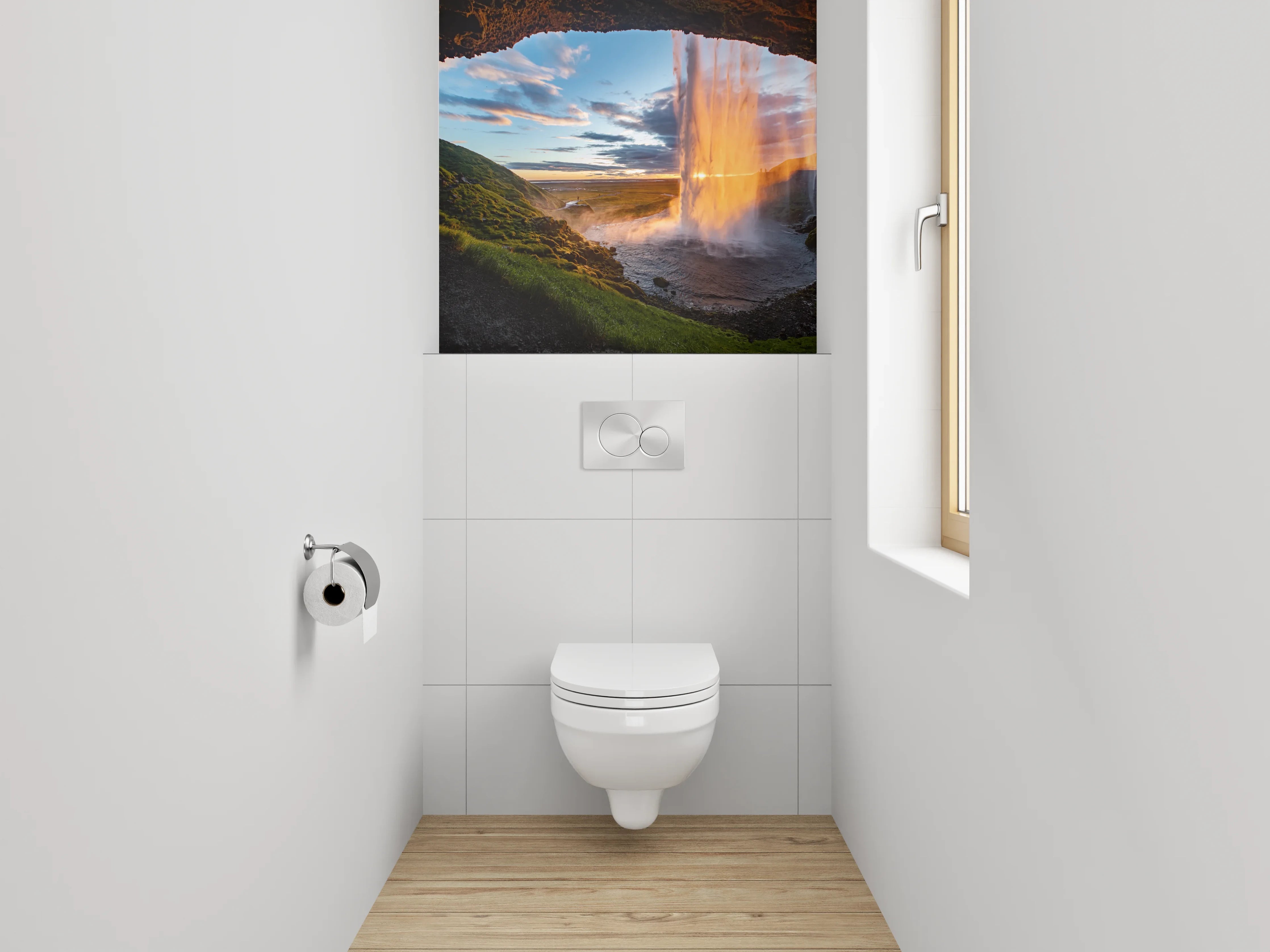 WC-Rückwand - Spektakulärer Wasserfall Island Sonnenuntergang
