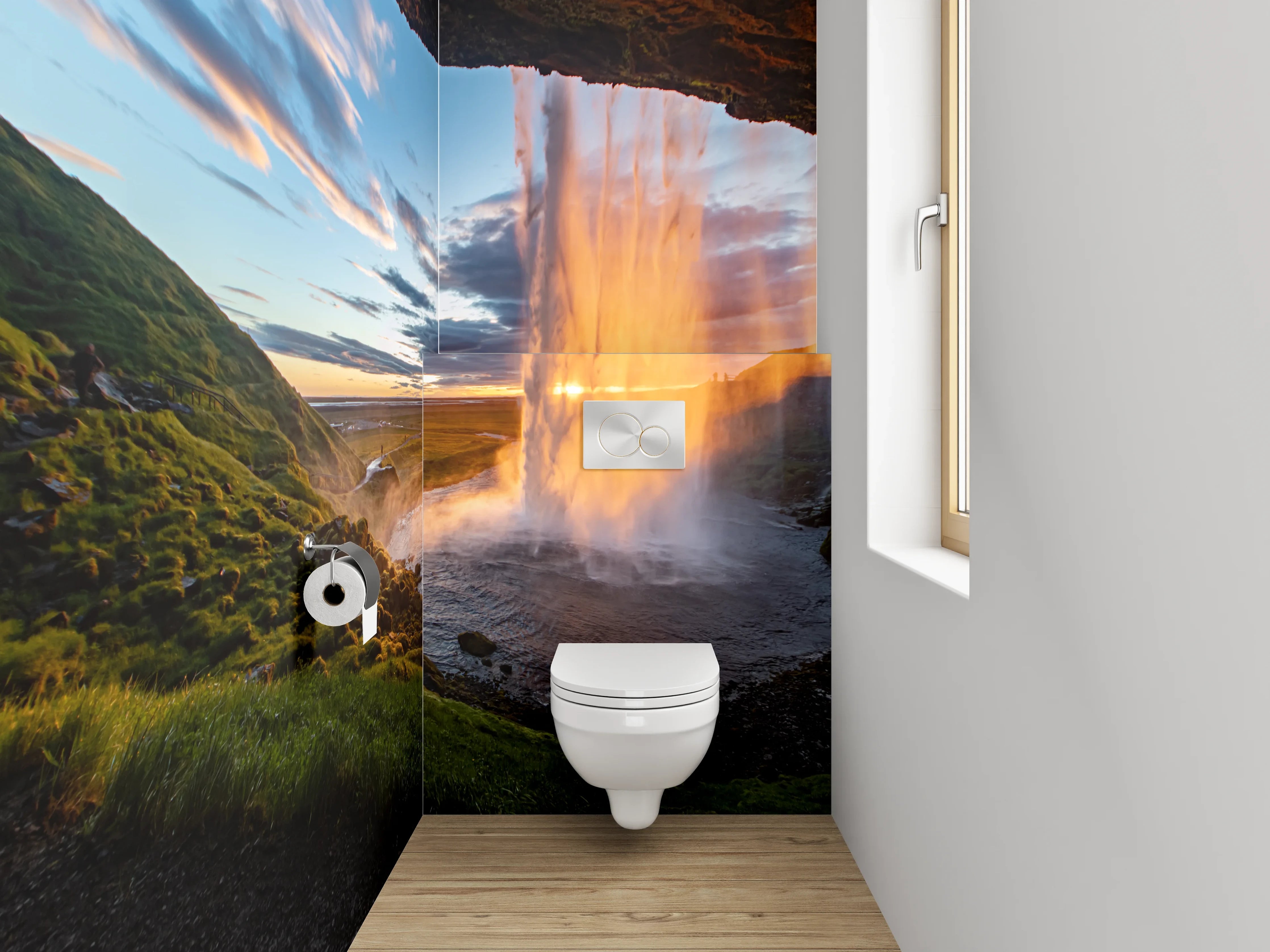 WC-Rückwand - Spektakulärer Wasserfall Island Sonnenuntergang