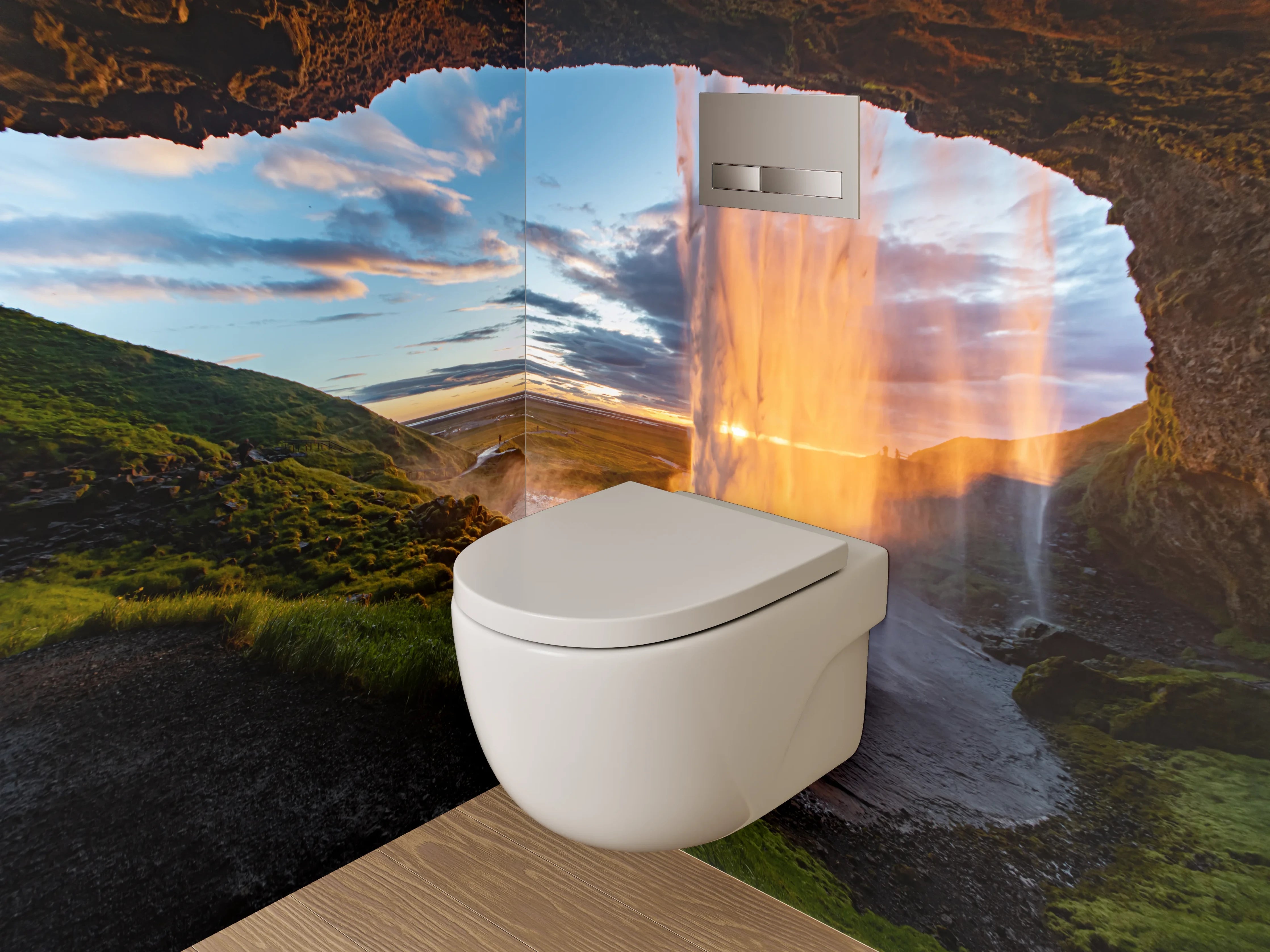 WC-Rückwand - Spektakulärer Wasserfall Island Sonnenuntergang