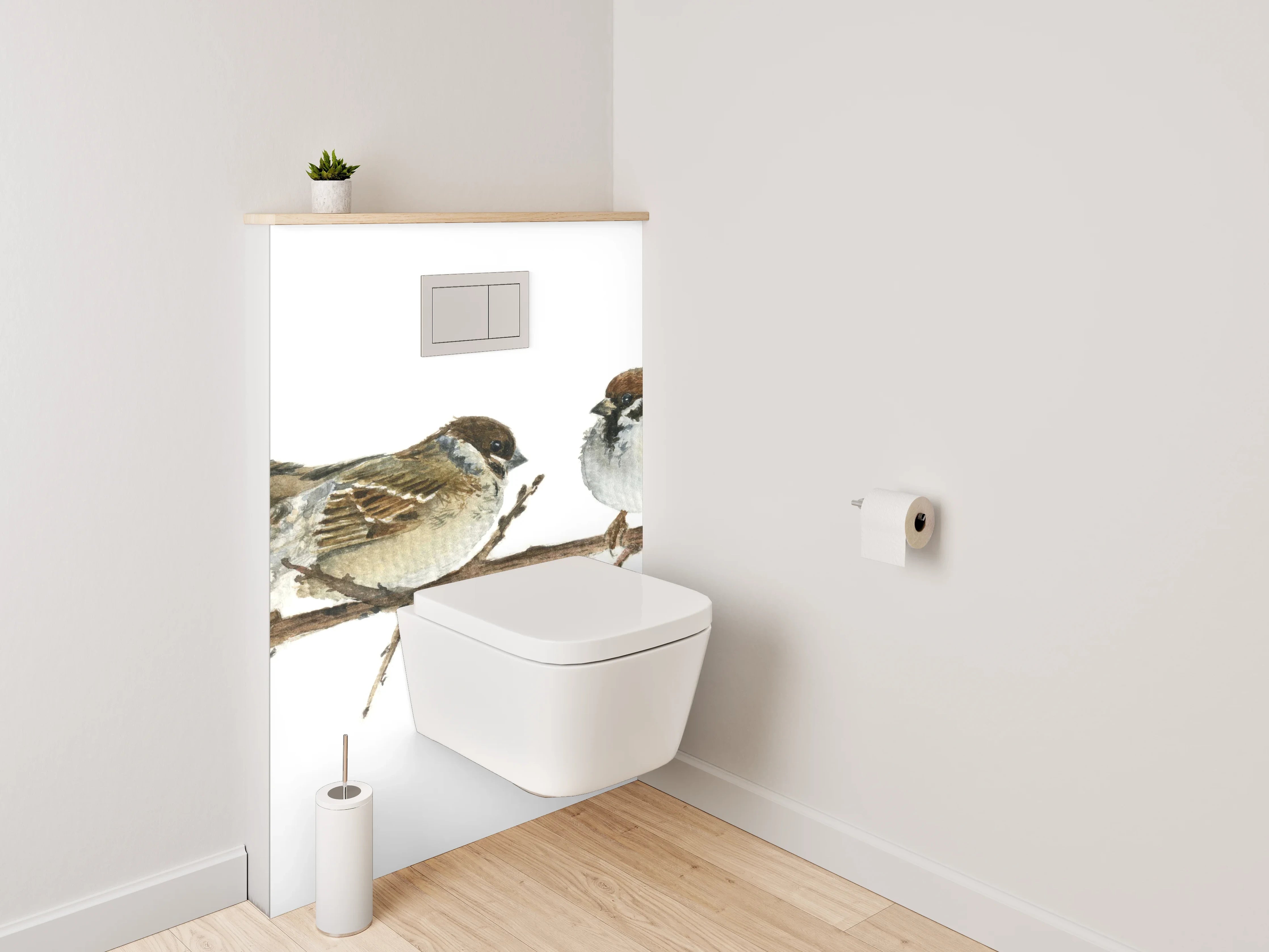 WC-Rückwand - Sperlinge auf Ast Aquarell