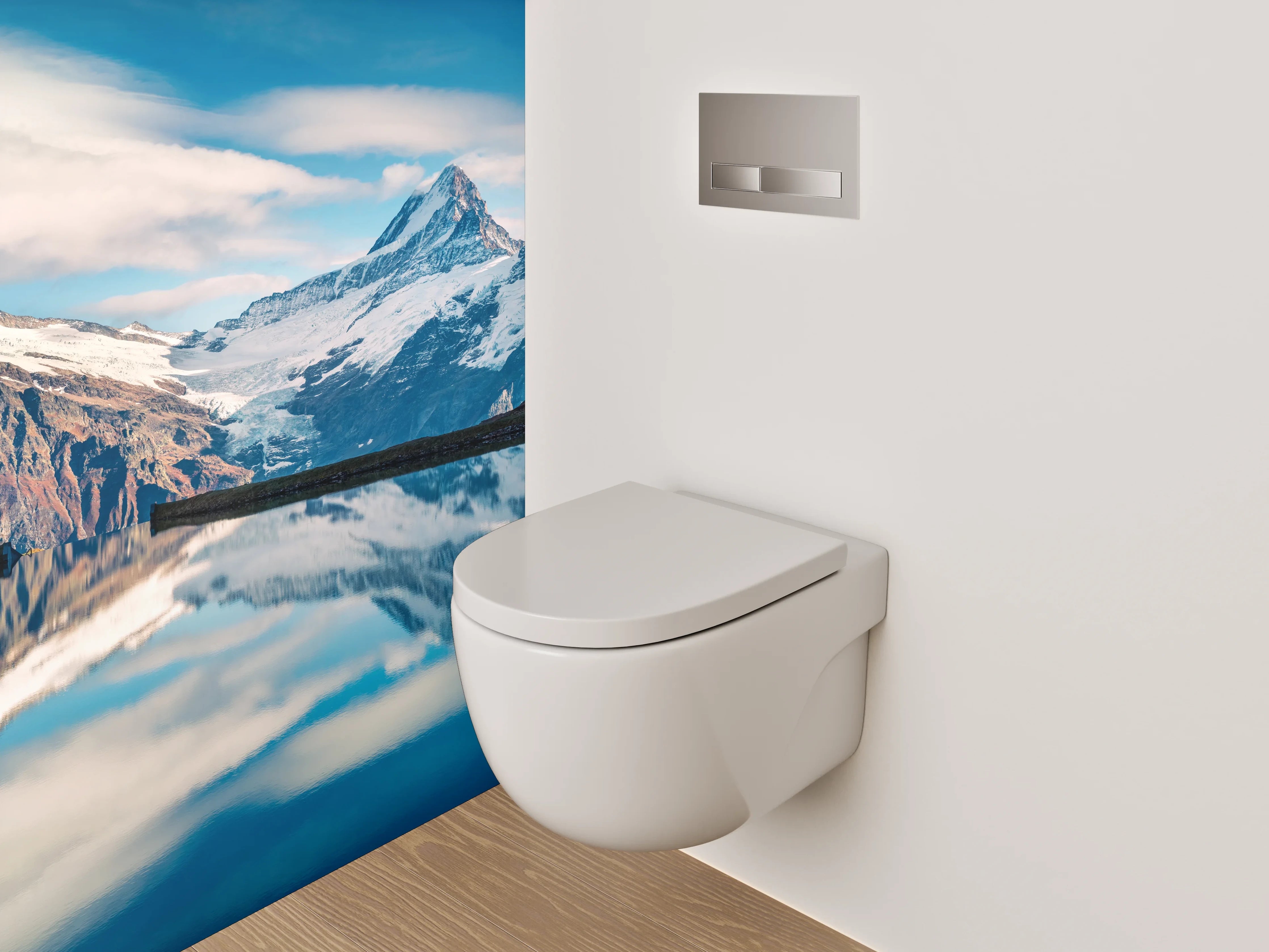 WC-Rückwand - Spiegelnde Berglandschaft am See