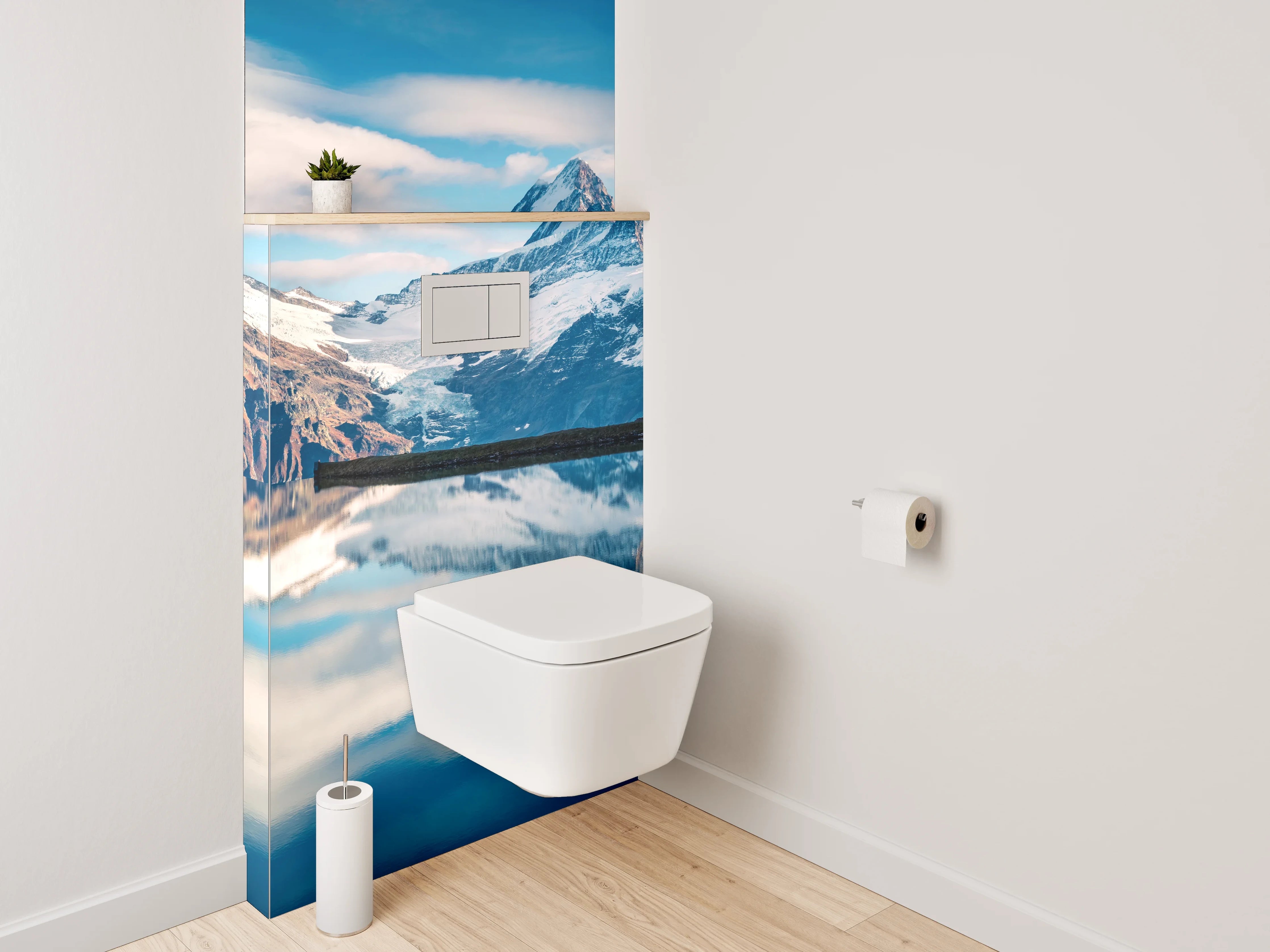 WC-Rückwand - Spiegelnde Berglandschaft am See