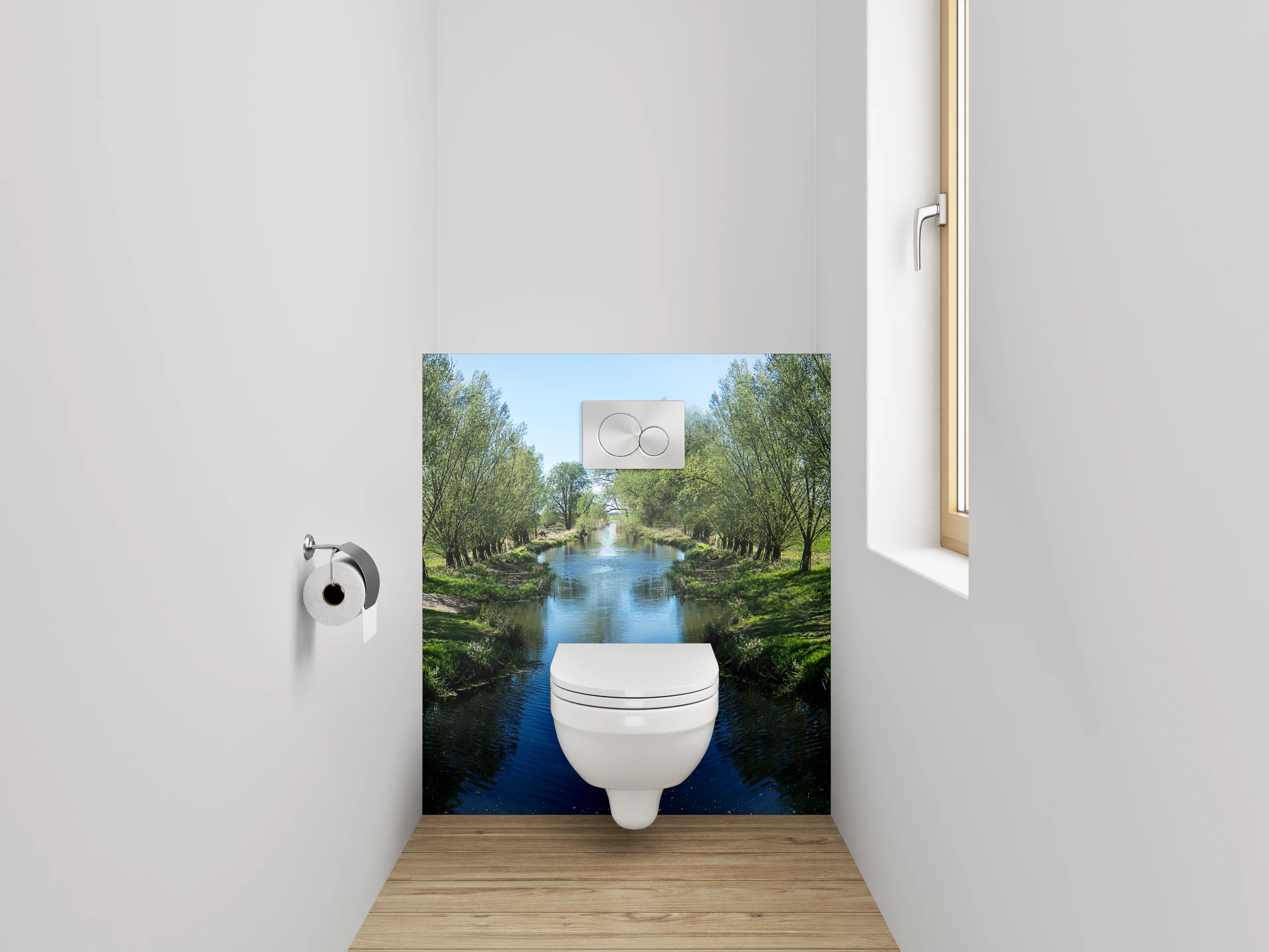 WC-Rückwand - Spiegelnder Kanal mit Bäumen