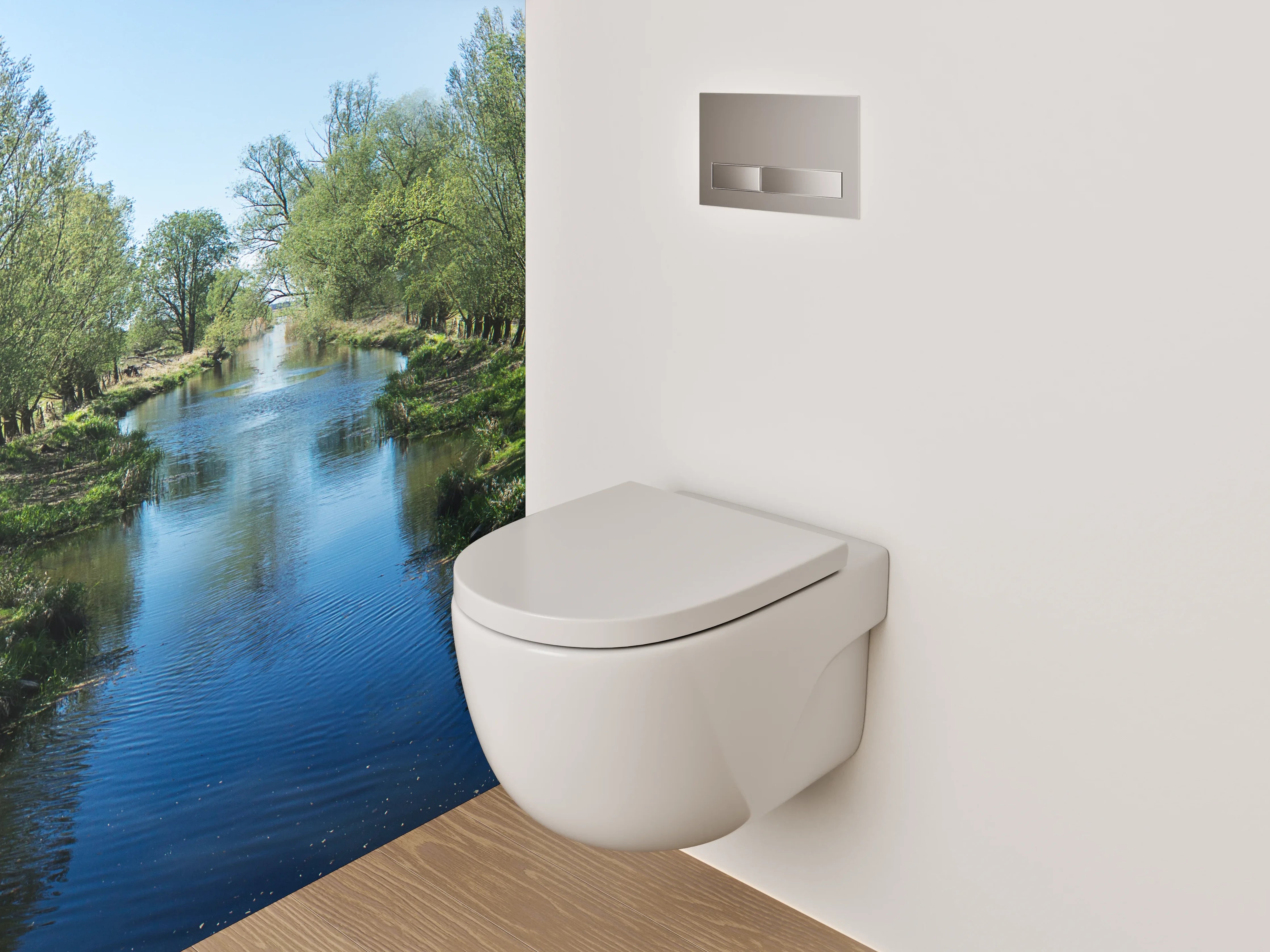 WC-Rückwand - Spiegelnder Kanal mit Bäumen