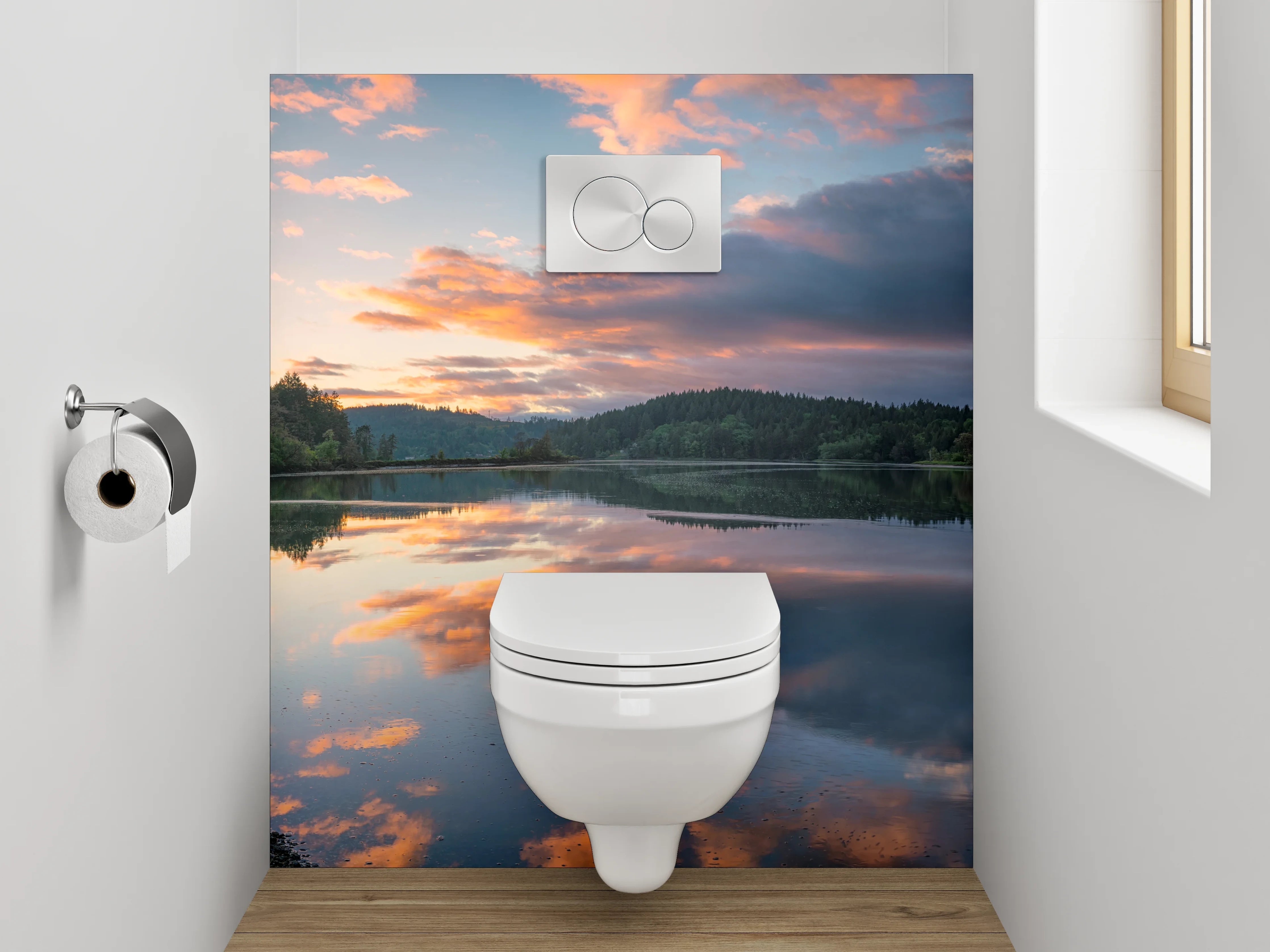 WC-Rückwand - Spiegelnder See mit Sonnenuntergang