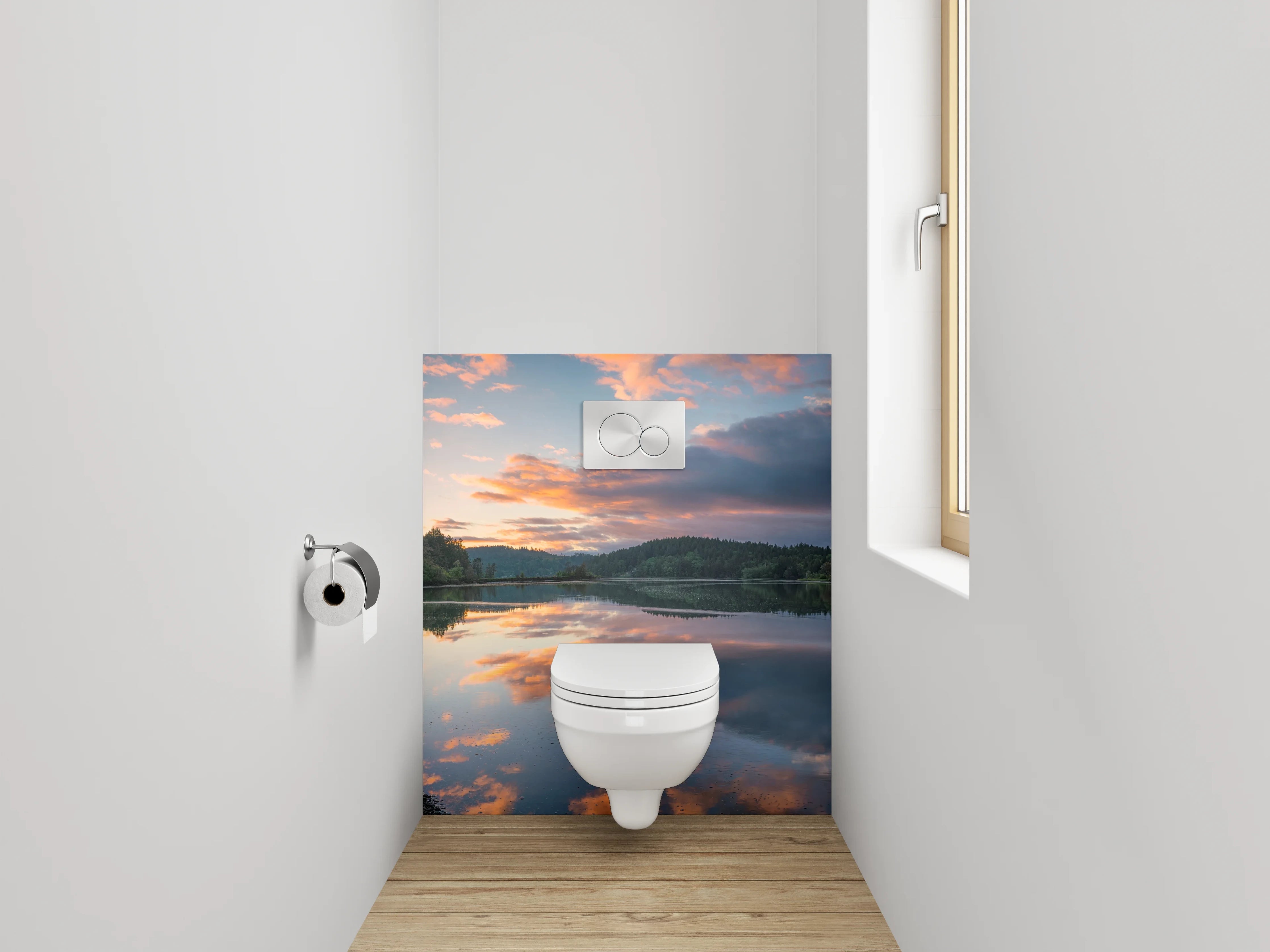 WC-Rückwand - Spiegelnder See mit Sonnenuntergang