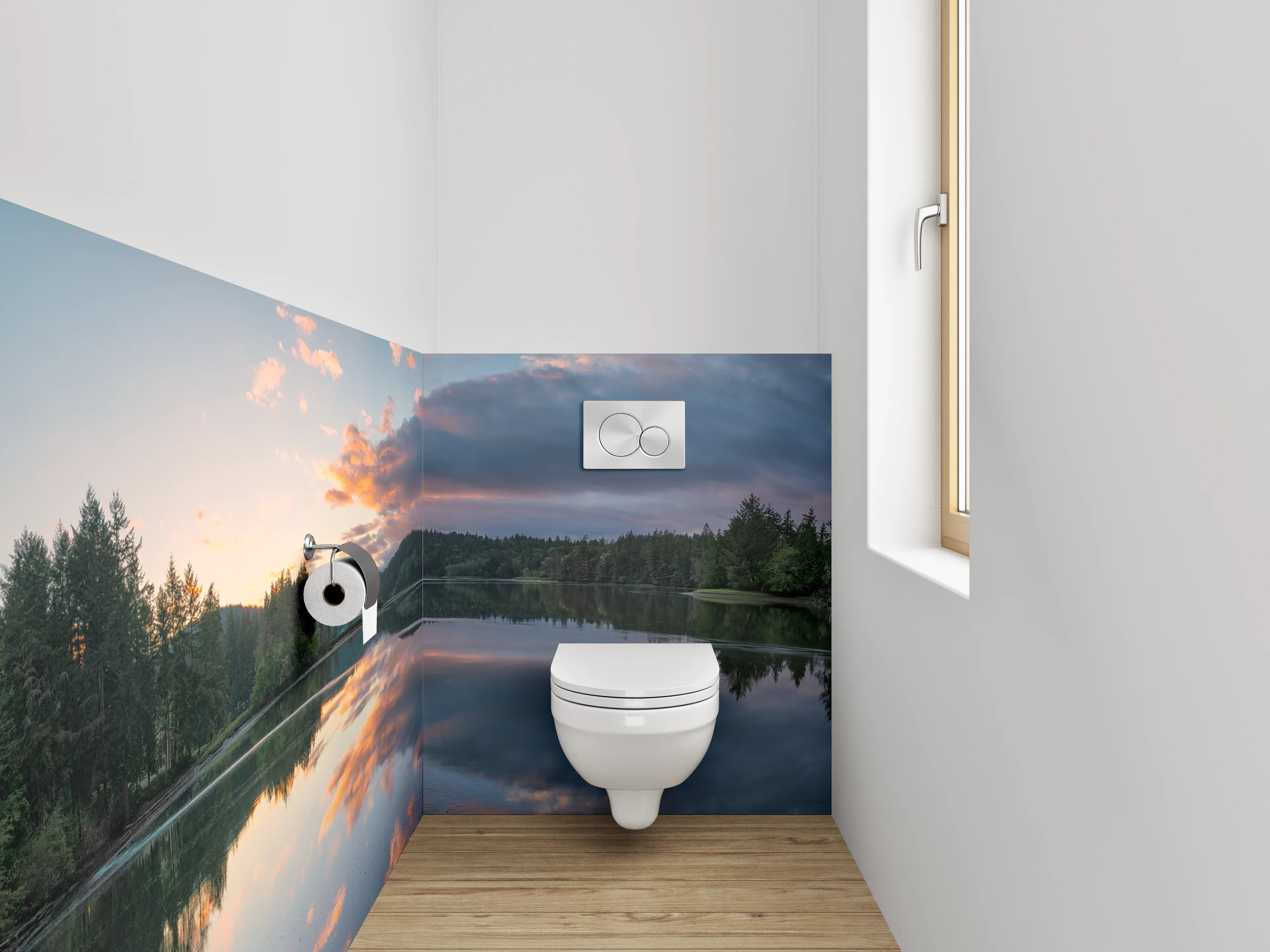 WC-Rückwand - Spiegelnder See mit Sonnenuntergang