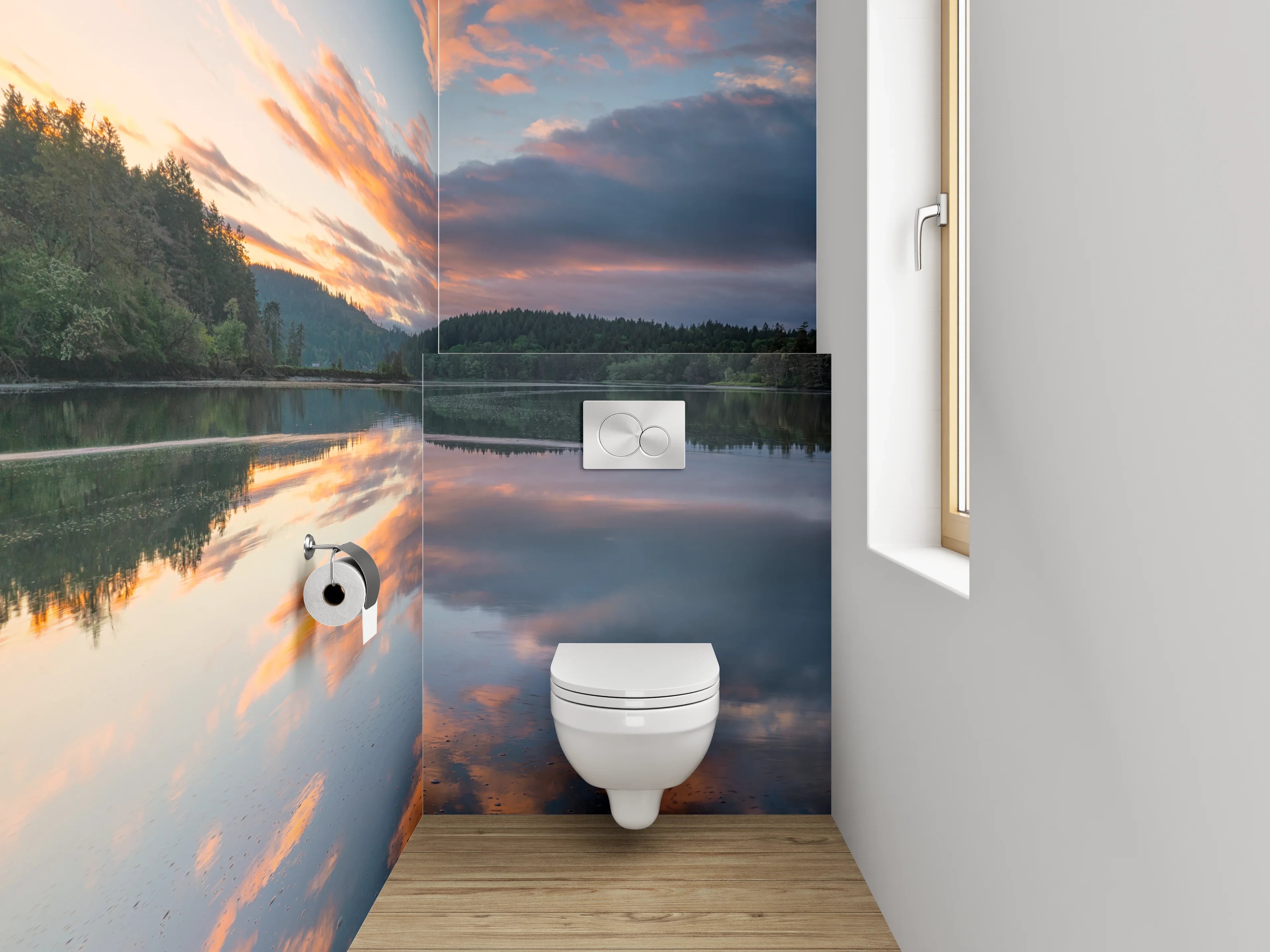 WC-Rückwand - Spiegelnder See mit Sonnenuntergang