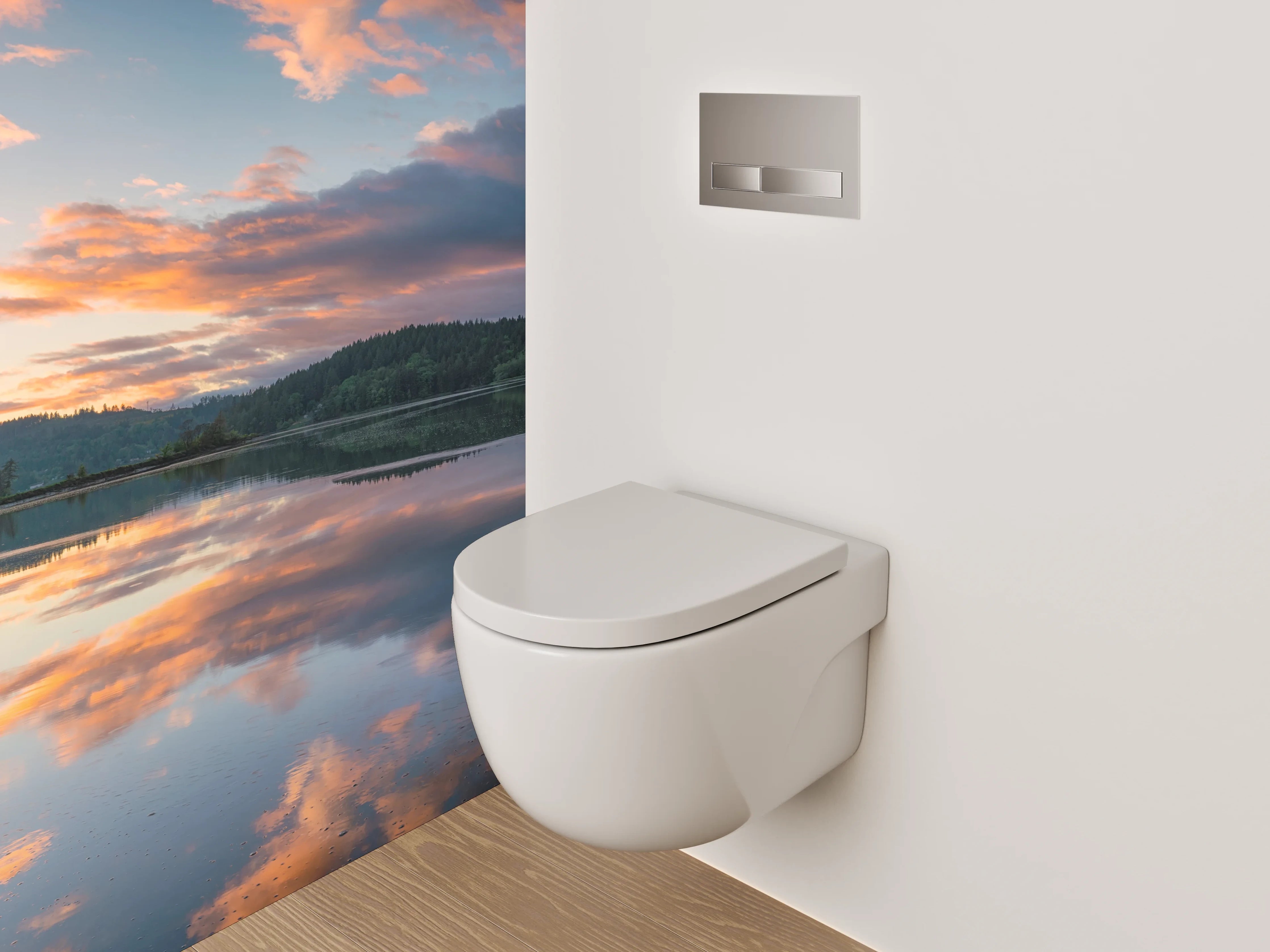 WC-Rückwand - Spiegelnder See mit Sonnenuntergang