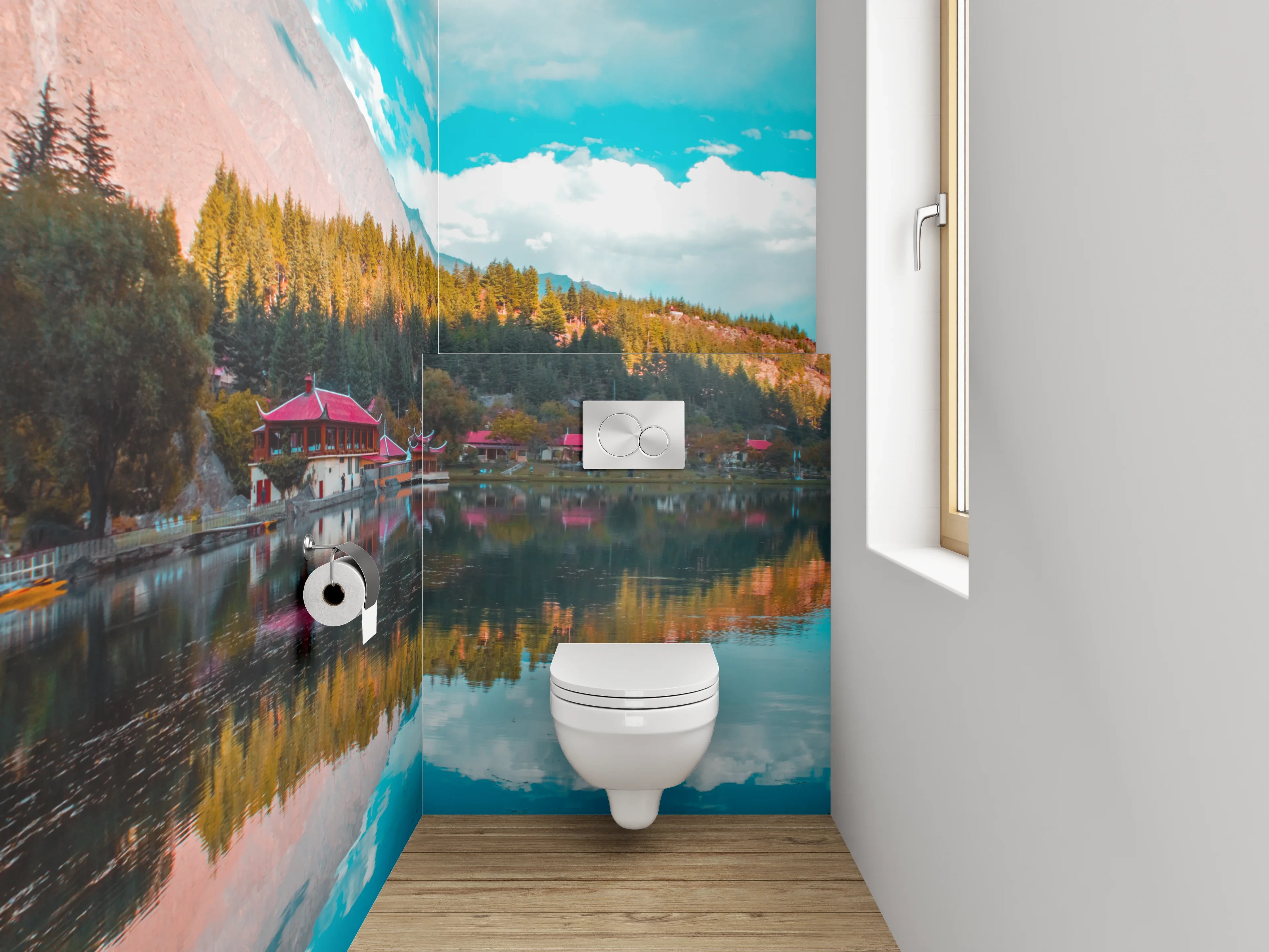 WC-Rückwand - Spiegelnder See vor Bergpanorama