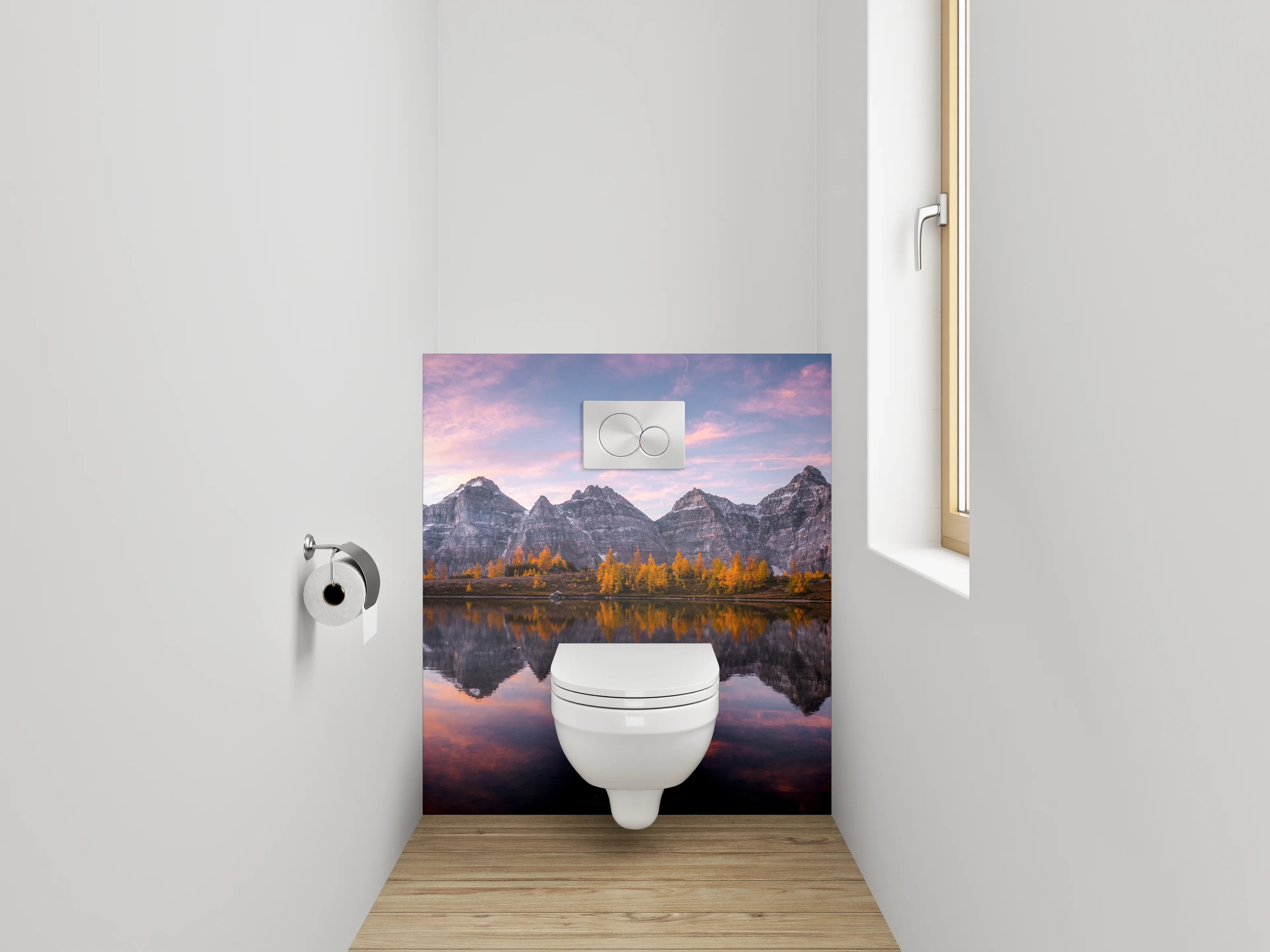 WC-Rückwand - Spiegelung am Gebirgssee Sonnenuntergang