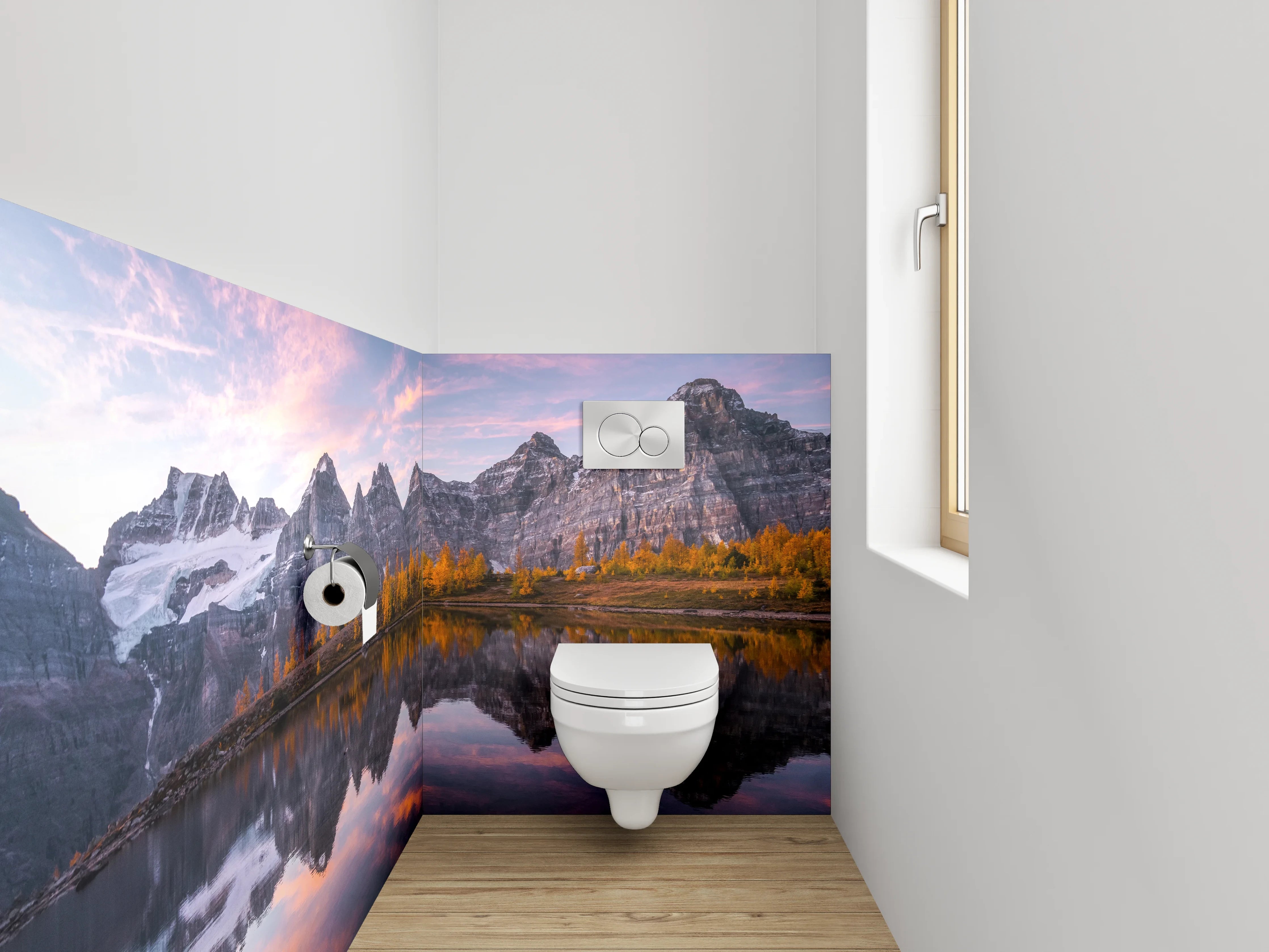 WC-Rückwand - Spiegelung am Gebirgssee Sonnenuntergang