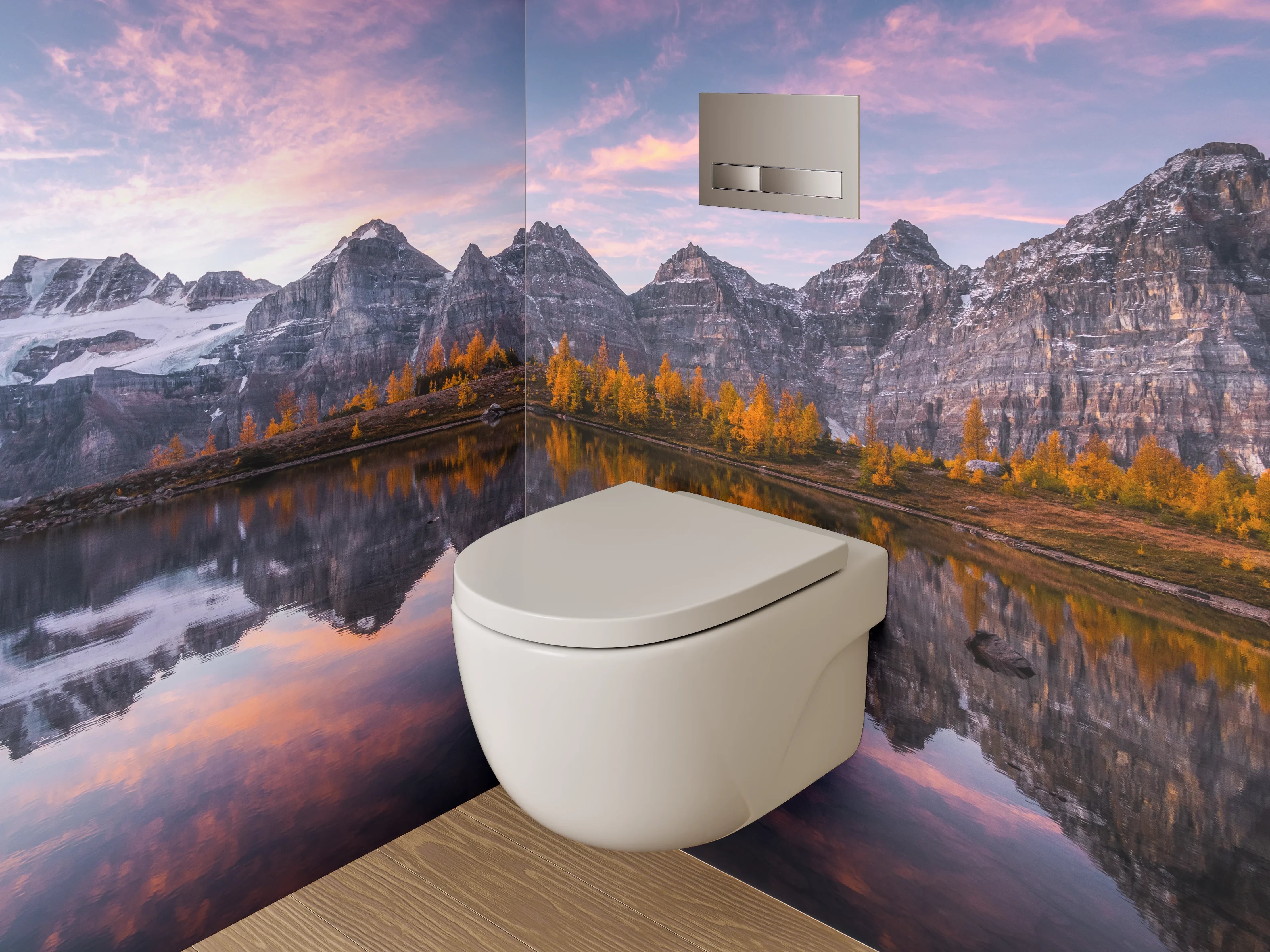 WC-Rückwand - Spiegelung am Gebirgssee Sonnenuntergang