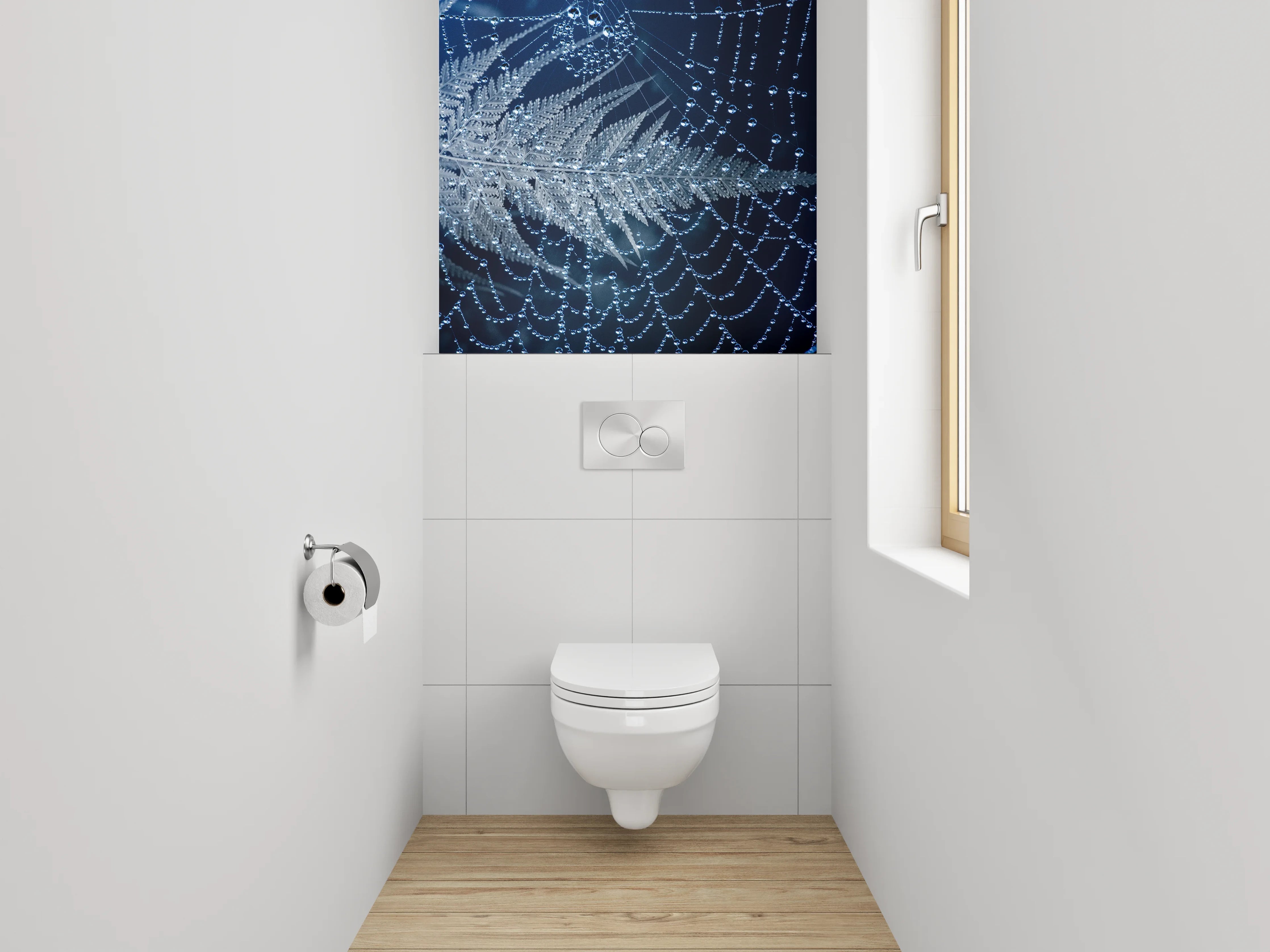 WC-Rückwand - Spinnennetz mit Tautropfen und Farn