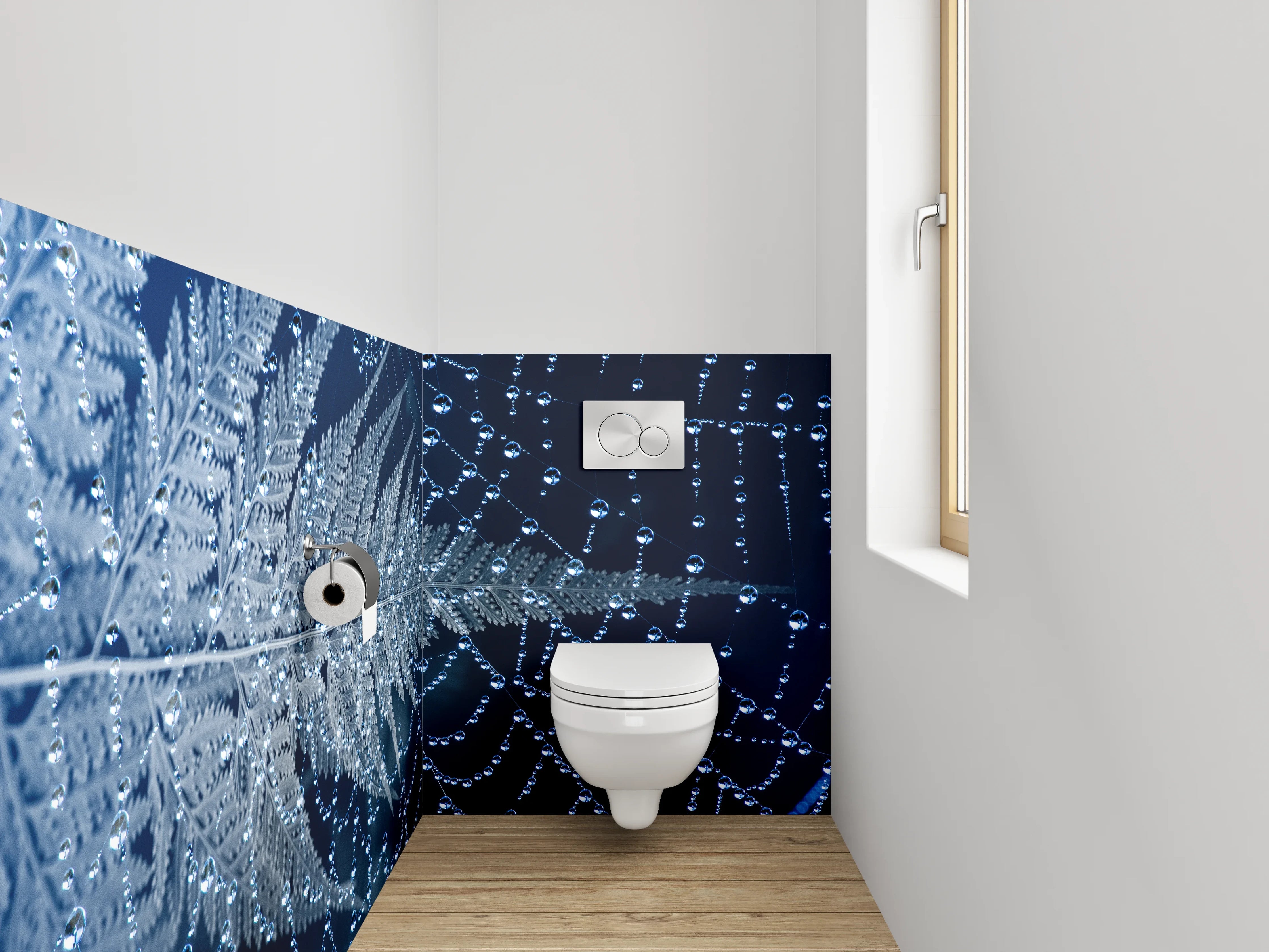 WC-Rückwand - Spinnennetz mit Tautropfen und Farn