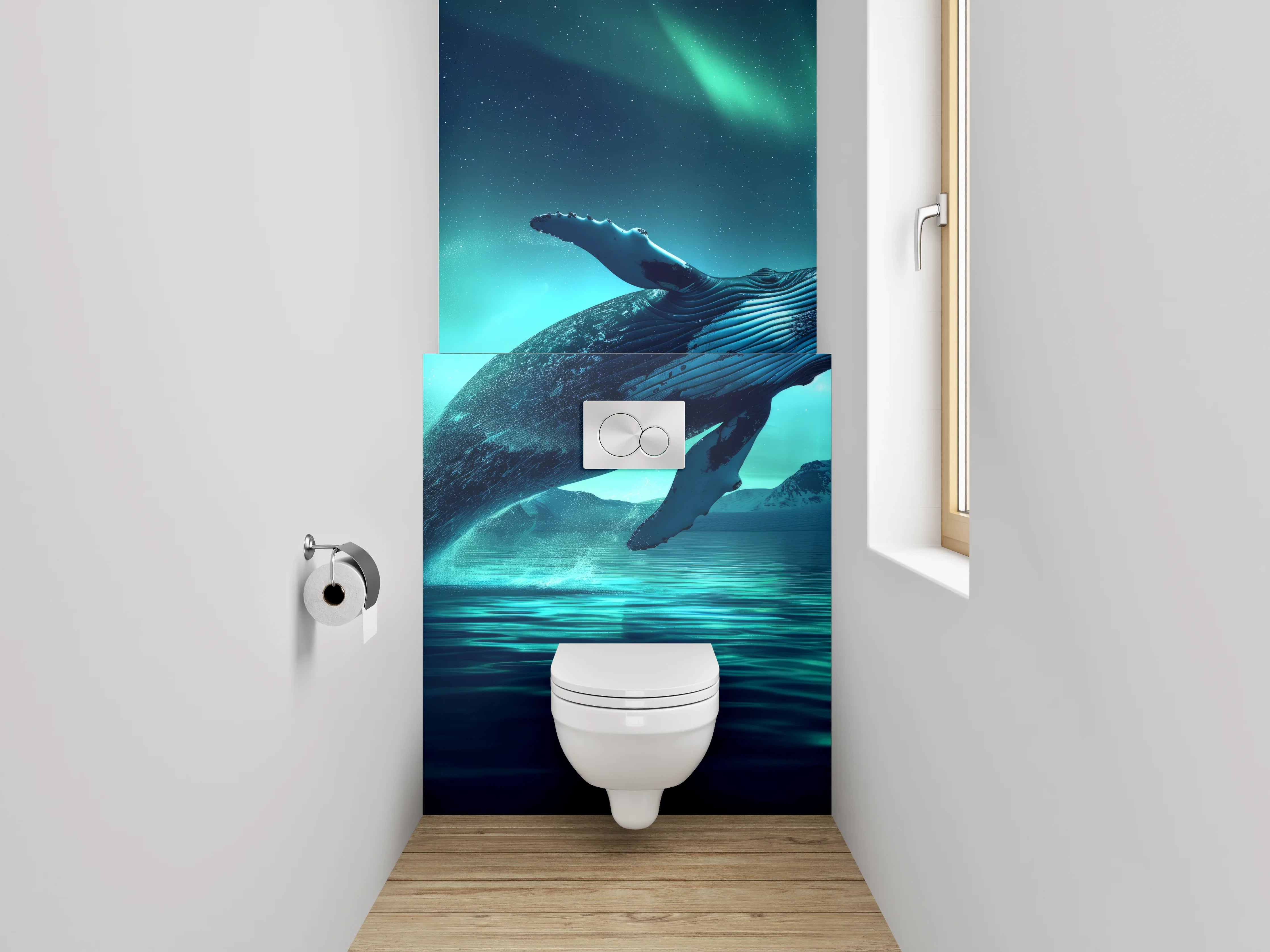 WC-Rückwand - Springender Wal unter Polarlichtern