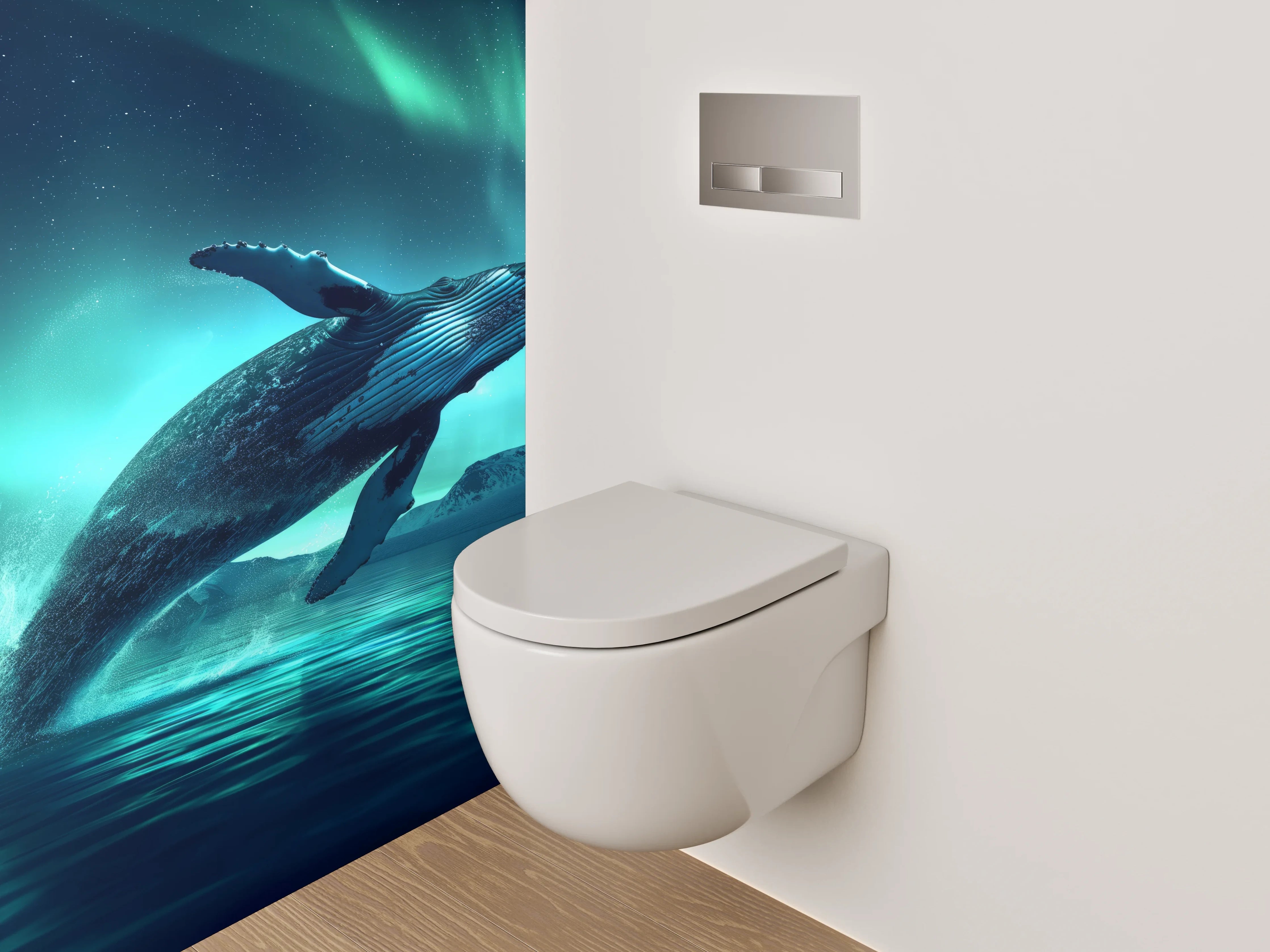WC-Rückwand - Springender Wal unter Polarlichtern