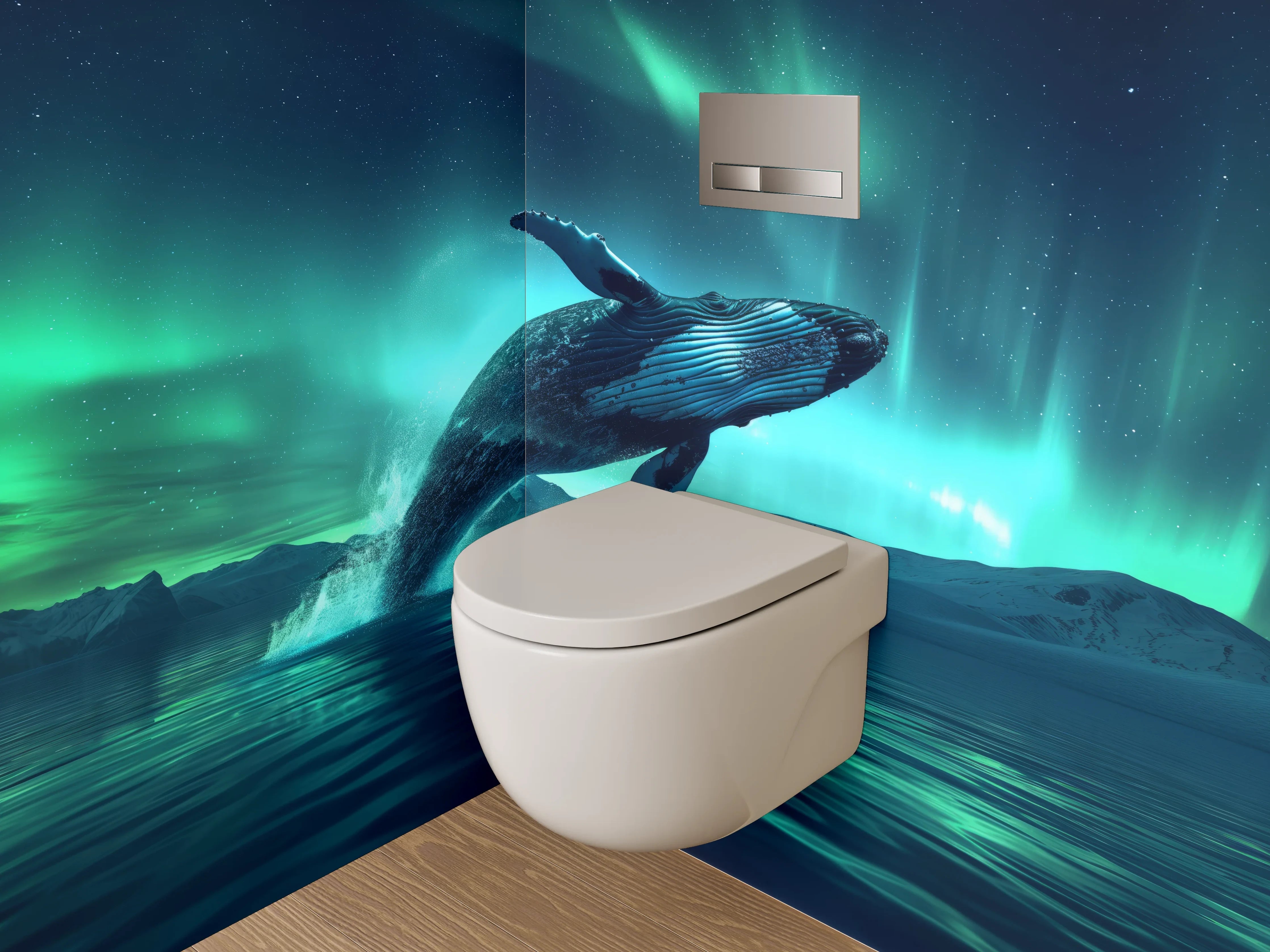 WC-Rückwand - Springender Wal unter Polarlichtern