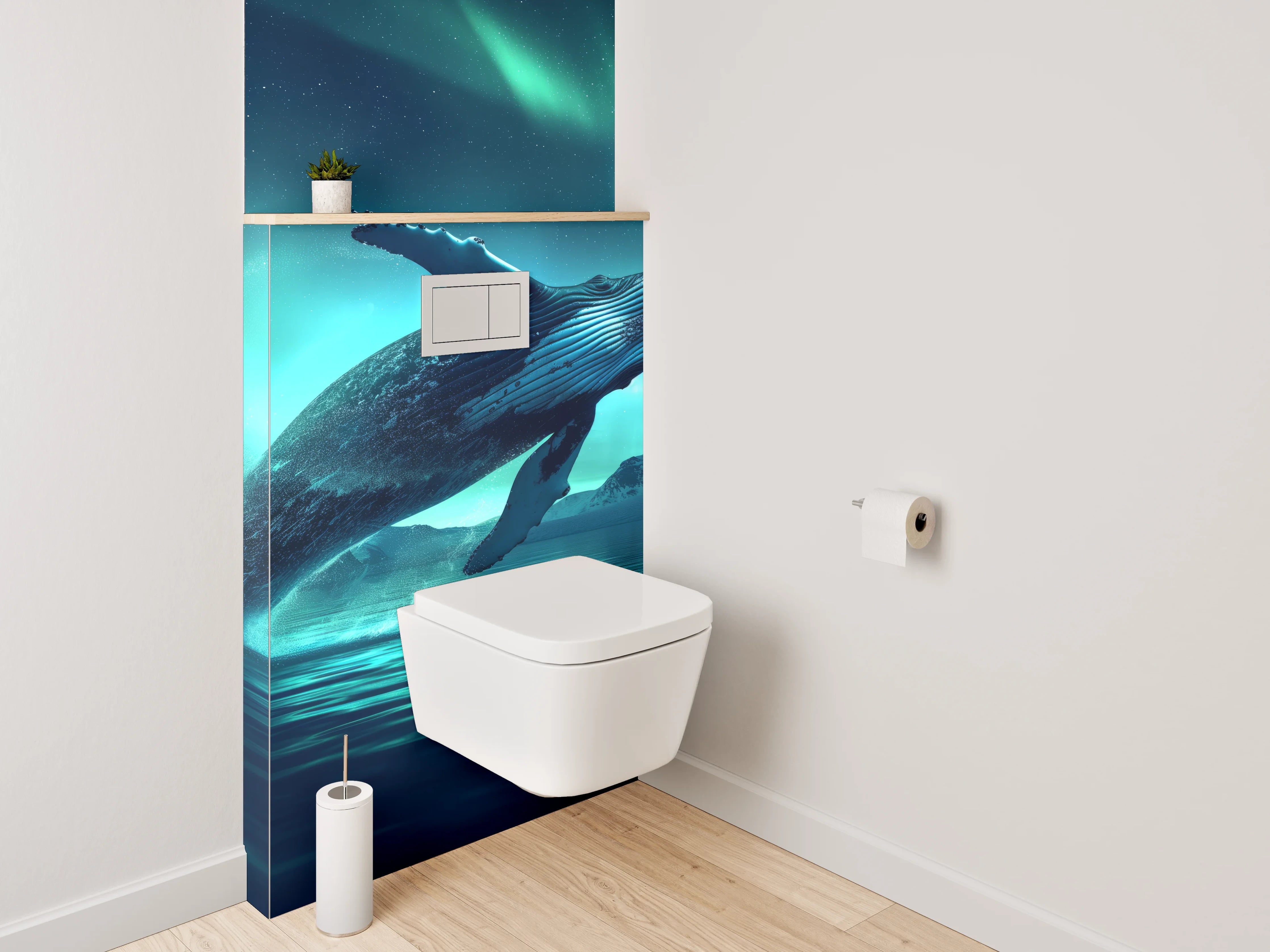 WC-Rückwand - Springender Wal unter Polarlichtern