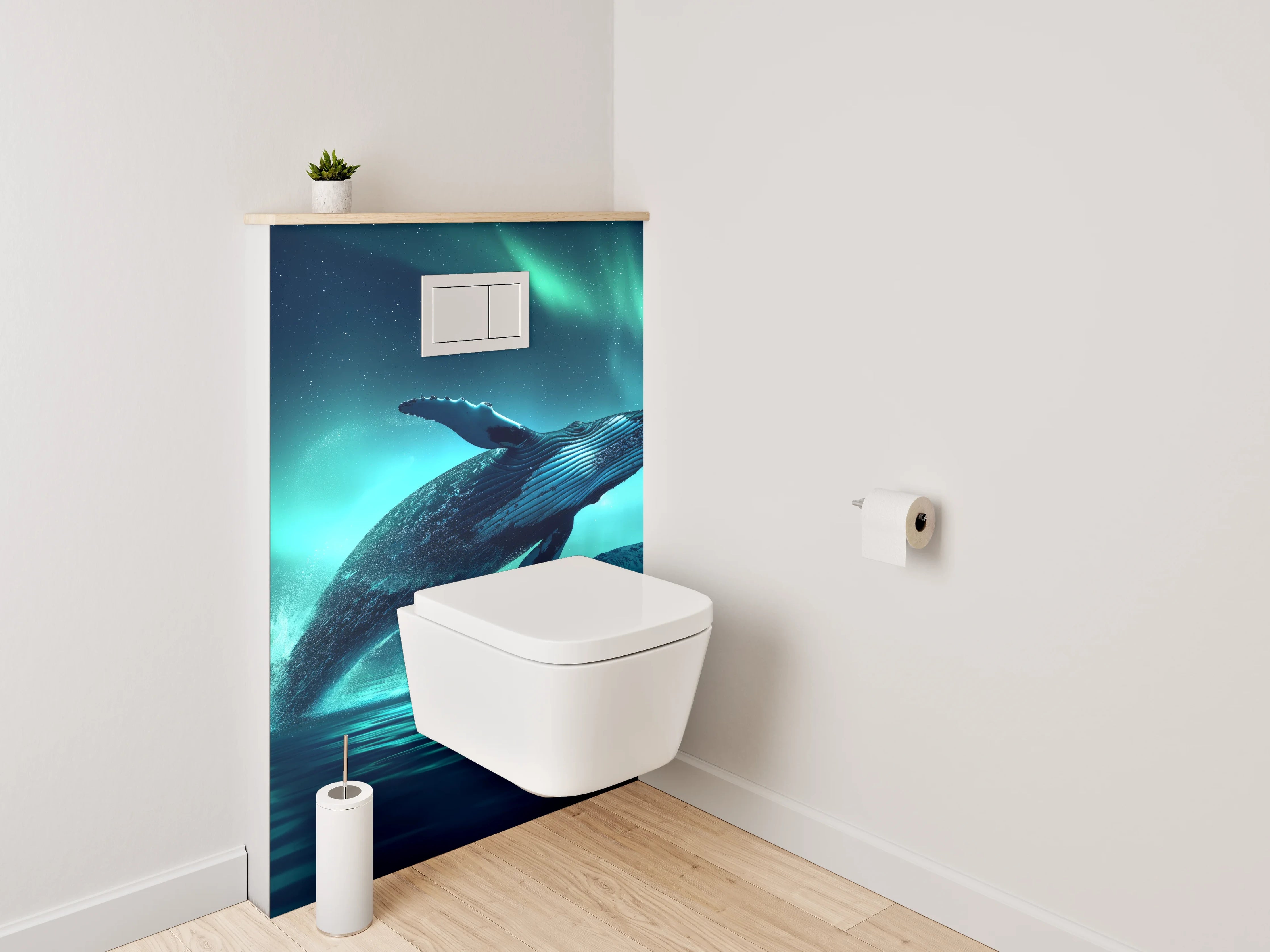WC-Rückwand - Springender Wal unter Polarlichtern