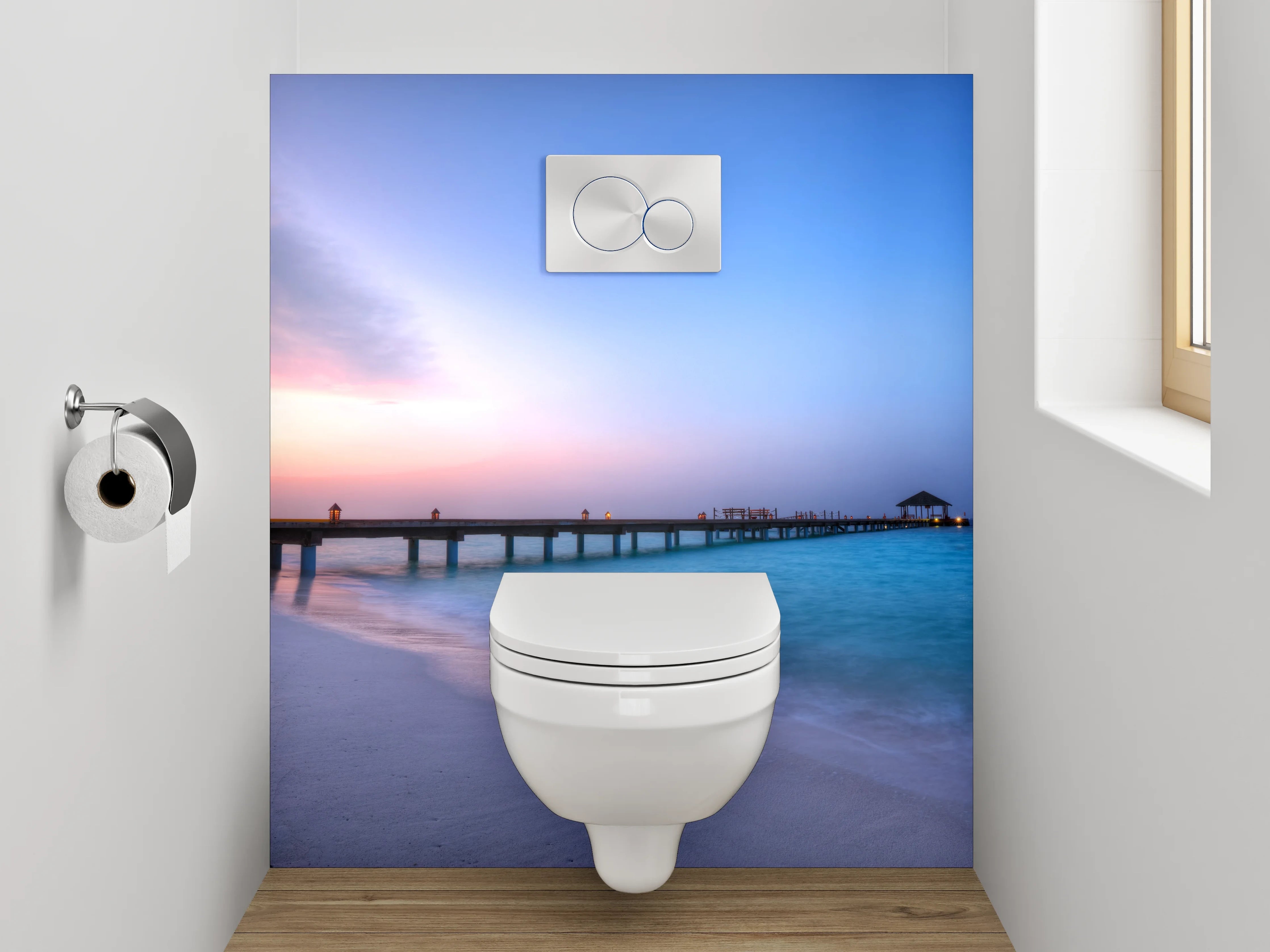 WC-Rückwand - Steg am Meer bei Sonnenuntergang