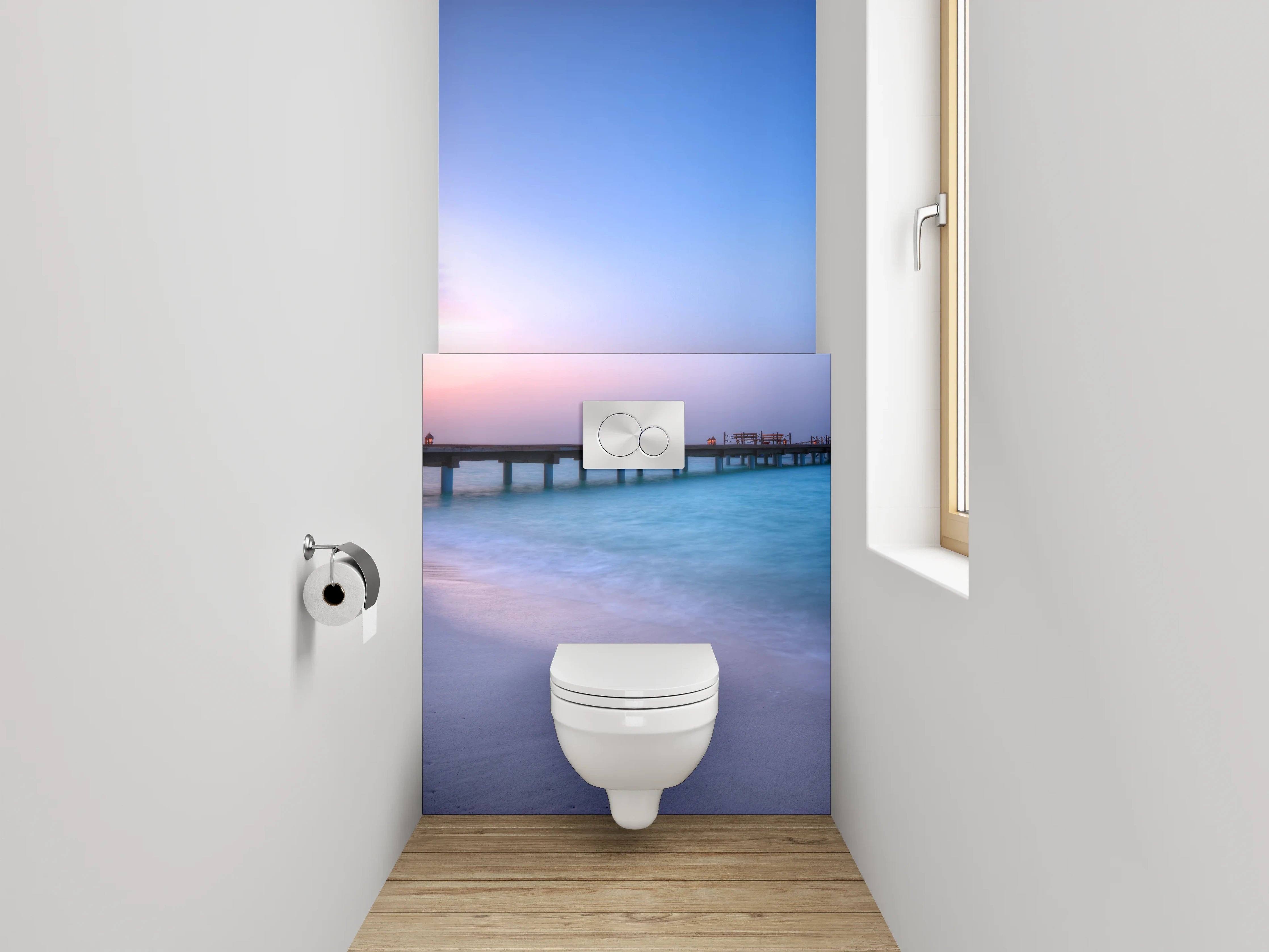 WC-Rückwand - Steg am Meer bei Sonnenuntergang