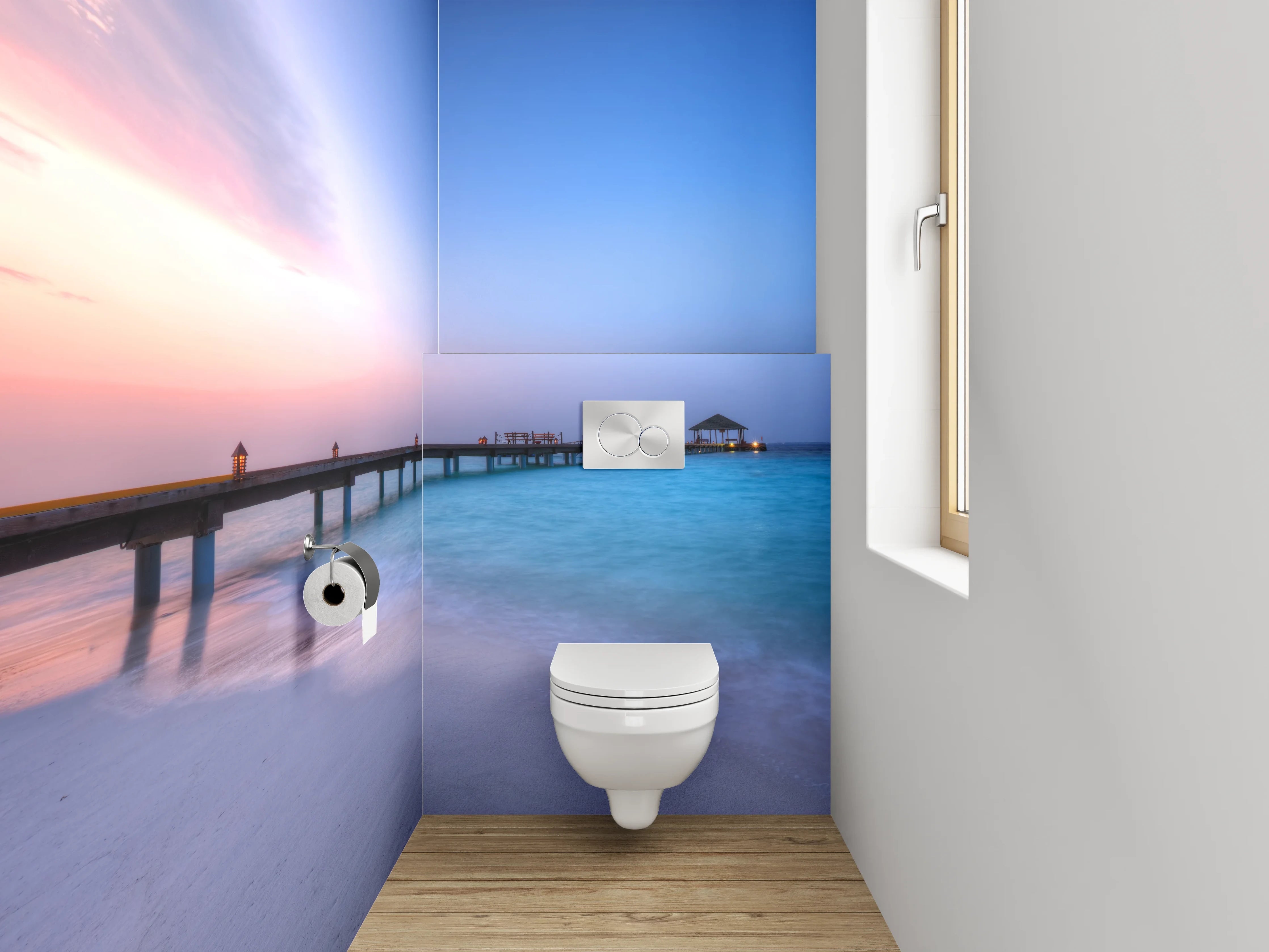 WC-Rückwand - Steg am Meer bei Sonnenuntergang