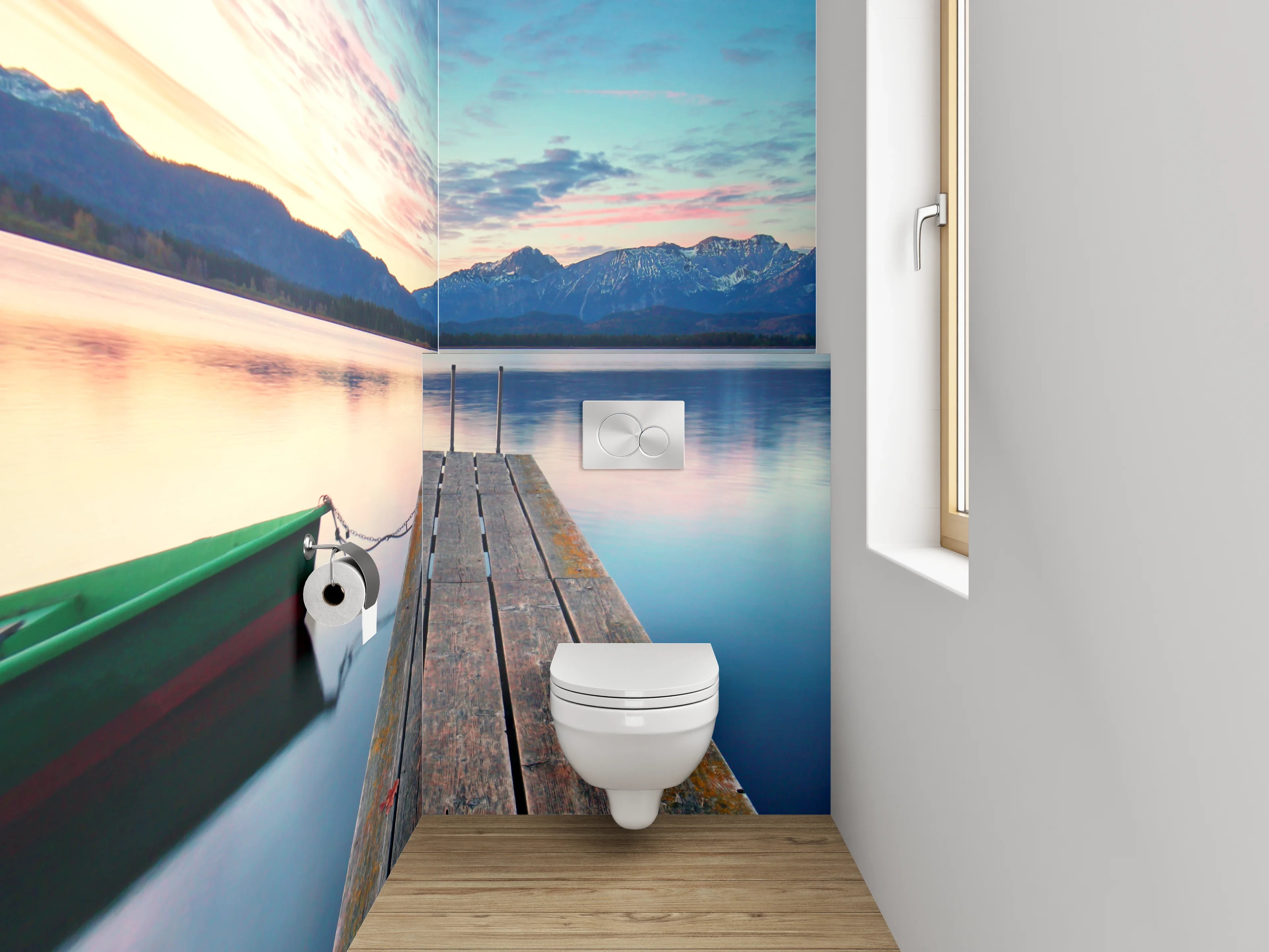 WC-Rückwand - Steg am See mit Alpenpanorama