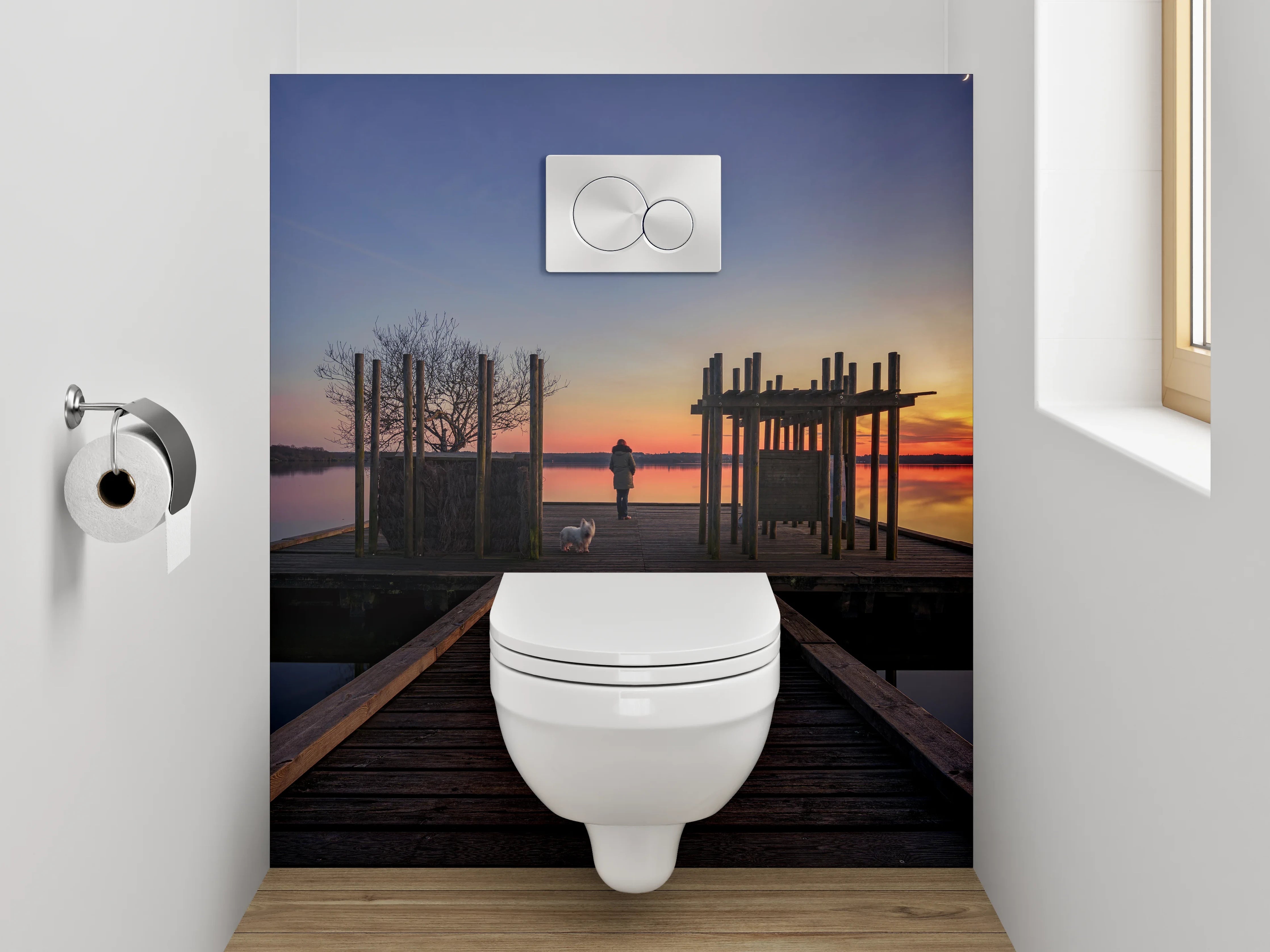 WC-Rückwand - Steg am See mit Sonnenuntergang