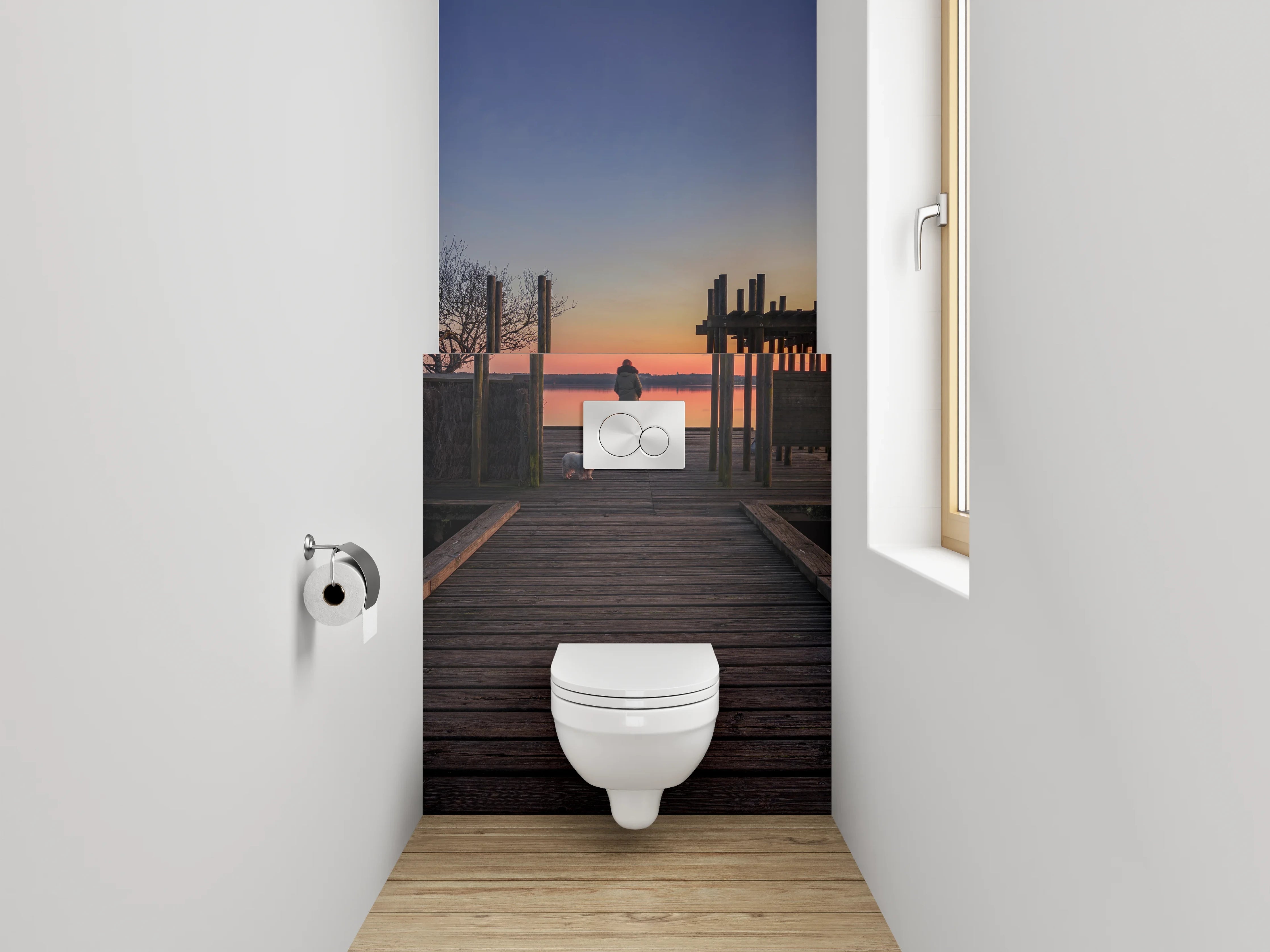 WC-Rückwand - Steg am See mit Sonnenuntergang