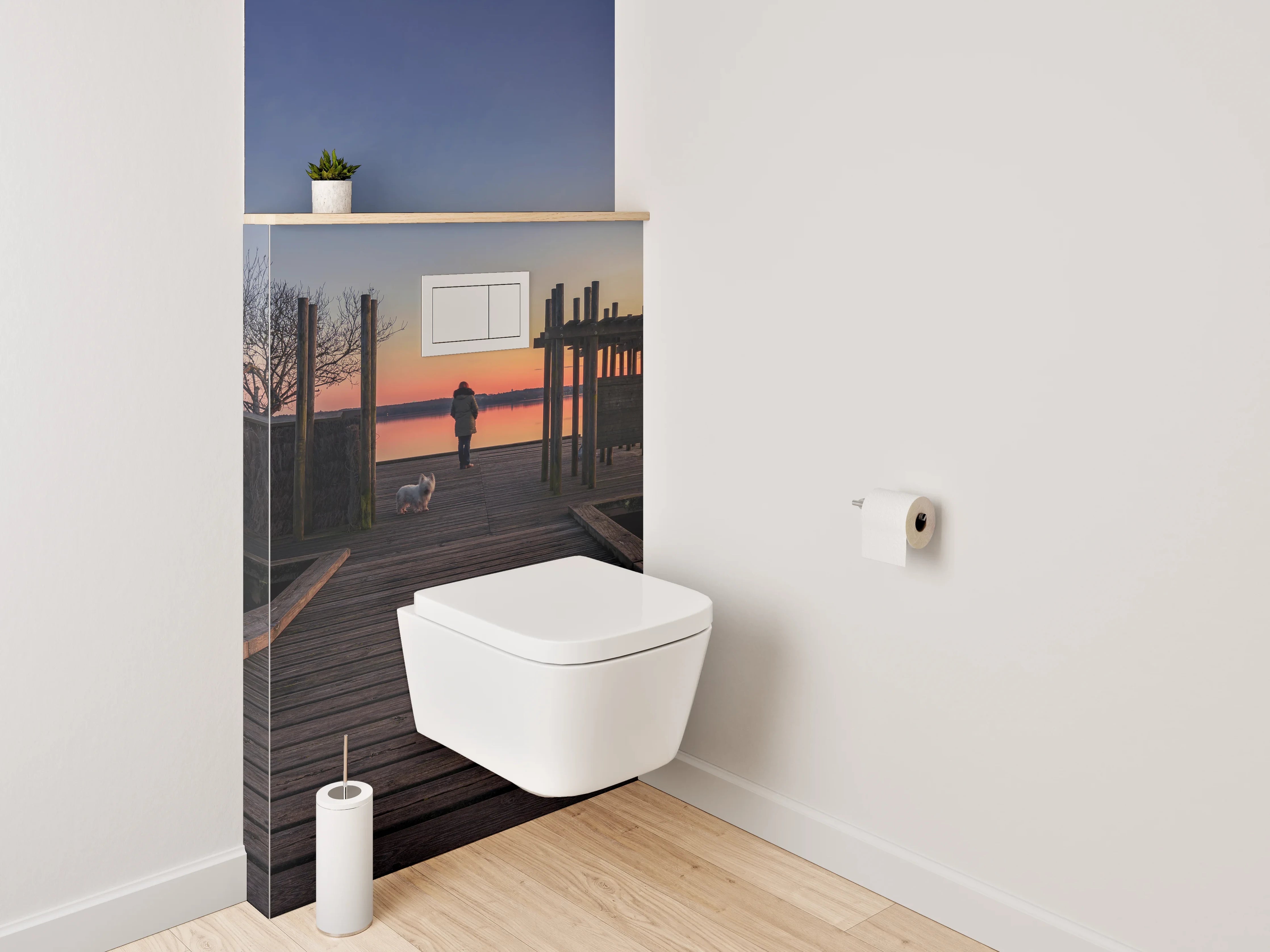 WC-Rückwand - Steg am See mit Sonnenuntergang