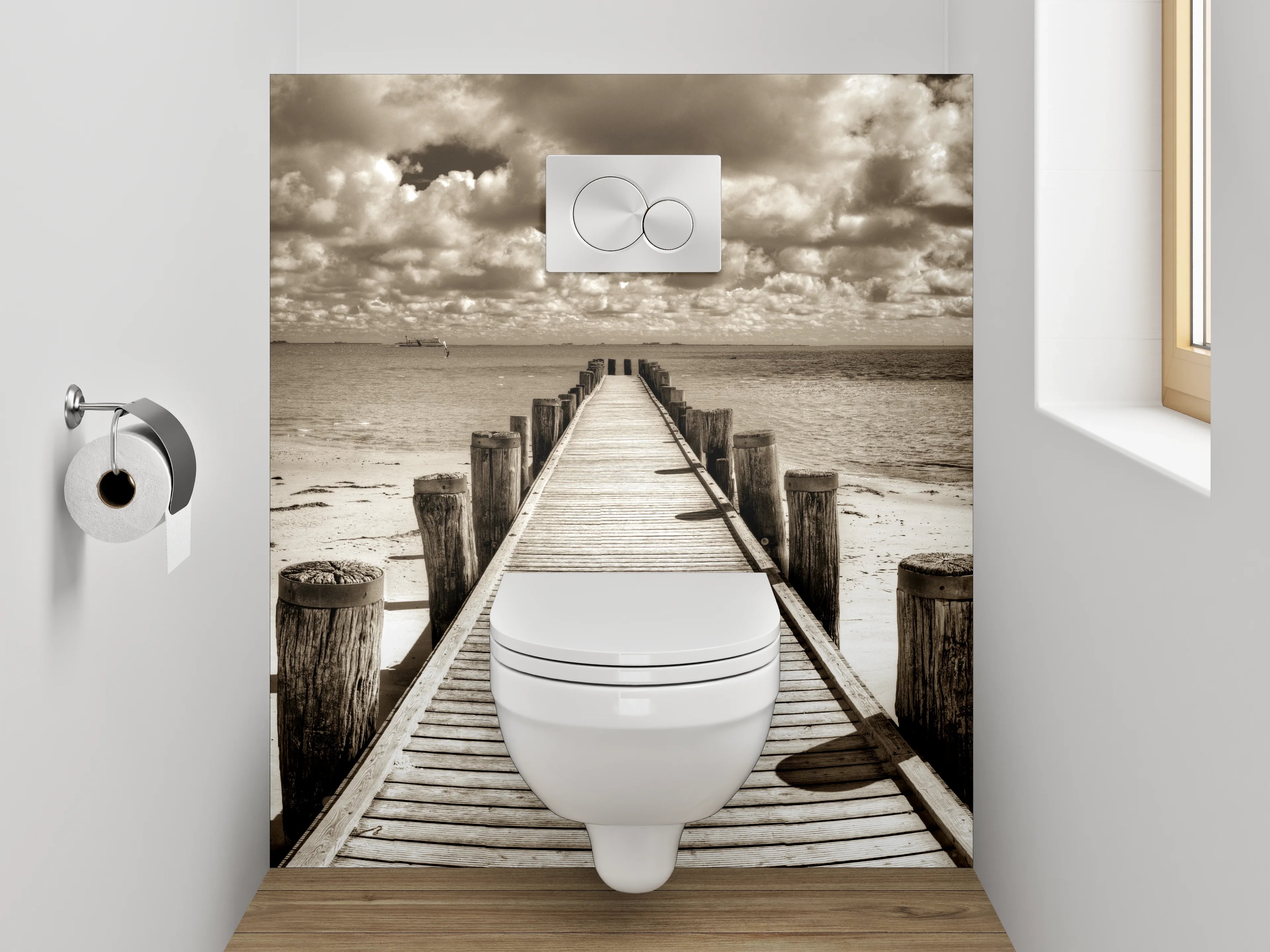 WC-Rückwand - Steg am sepiafarbenen Strand