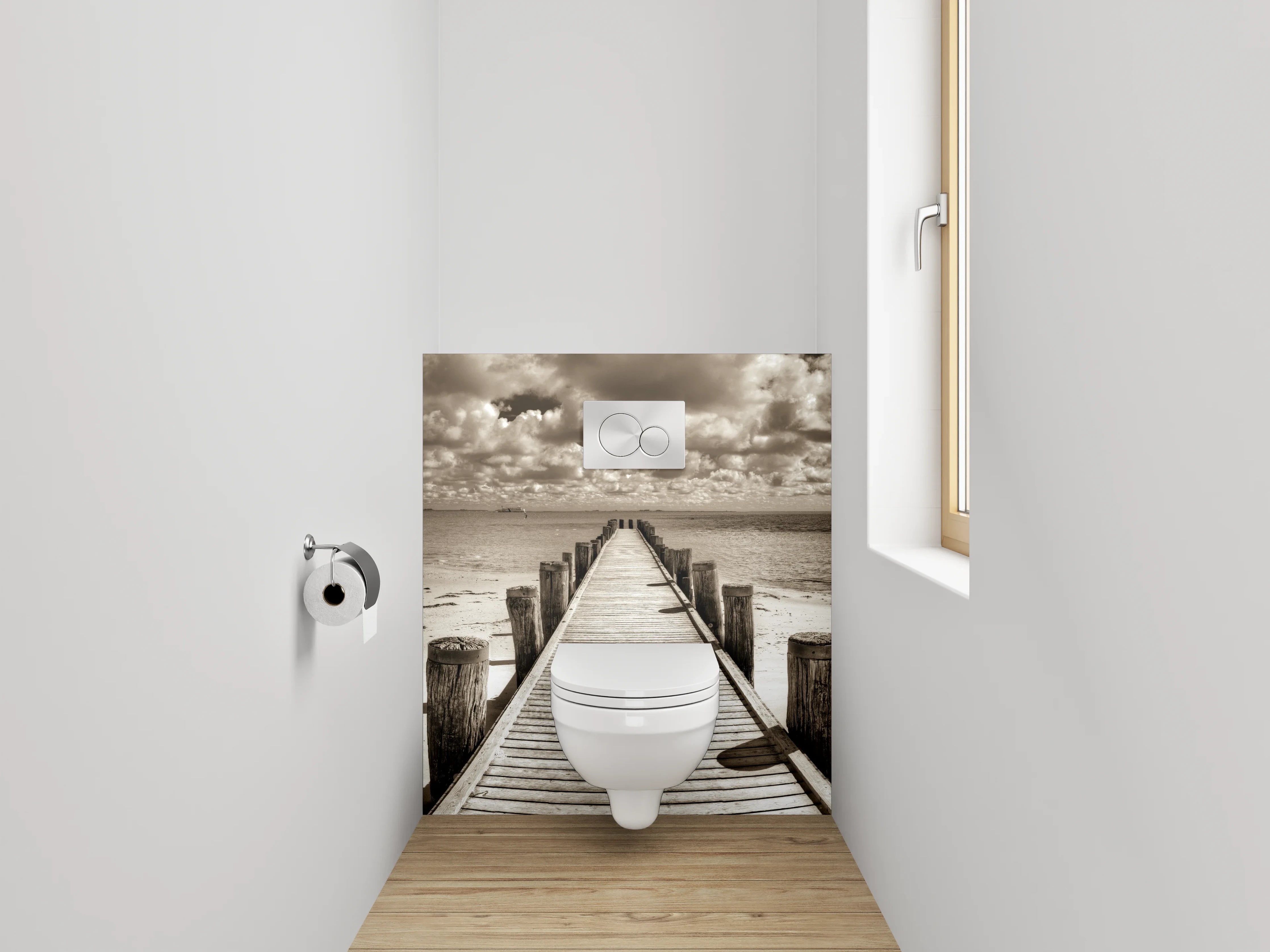 WC-Rückwand - Steg am sepiafarbenen Strand