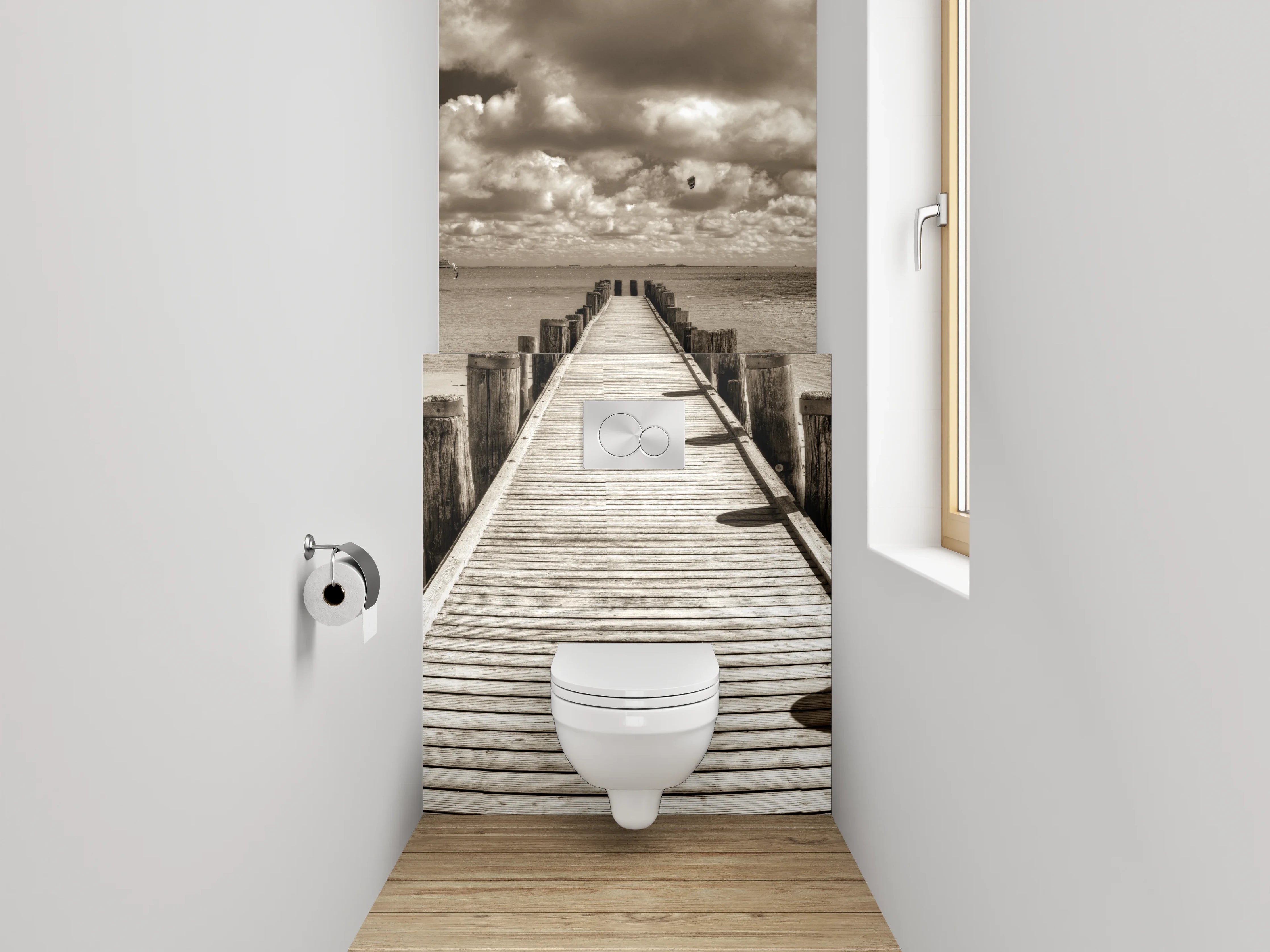 WC-Rückwand - Steg am sepiafarbenen Strand