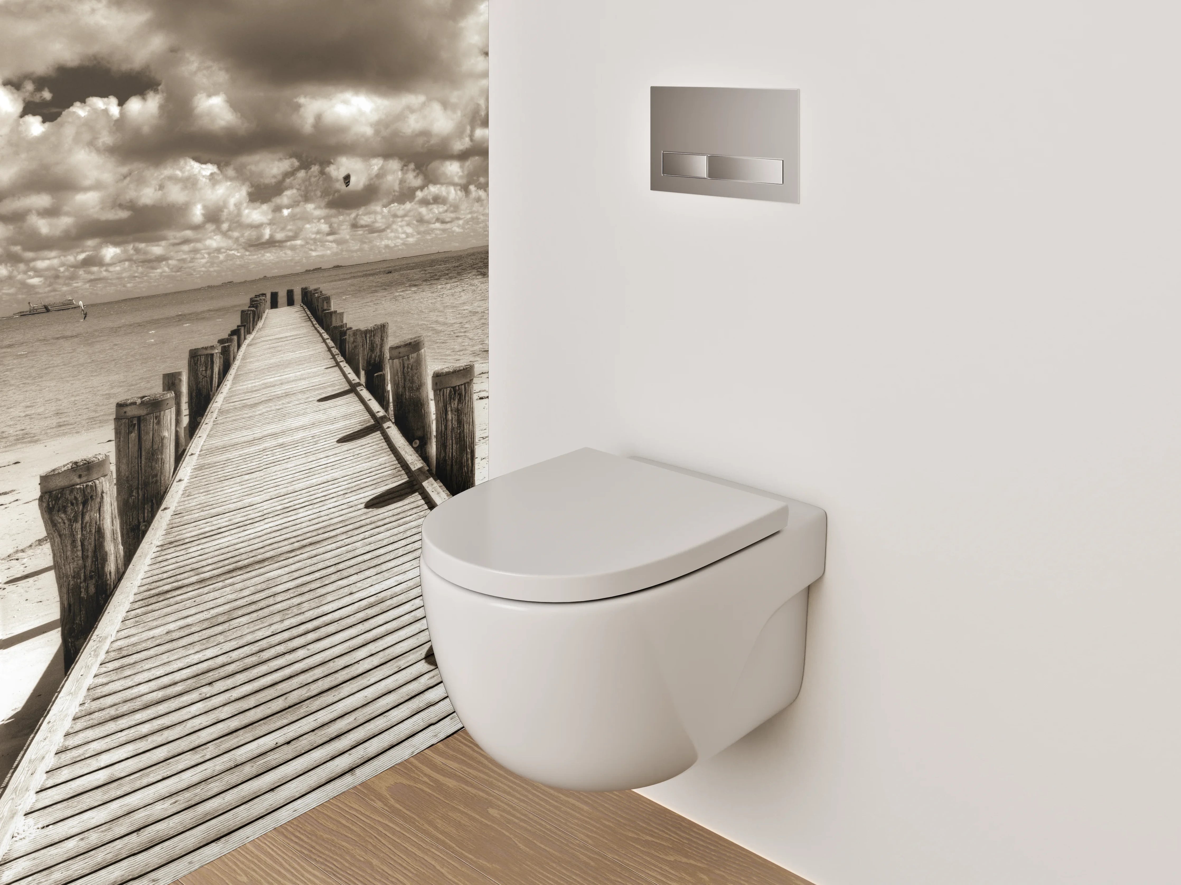 WC-Rückwand - Steg am sepiafarbenen Strand