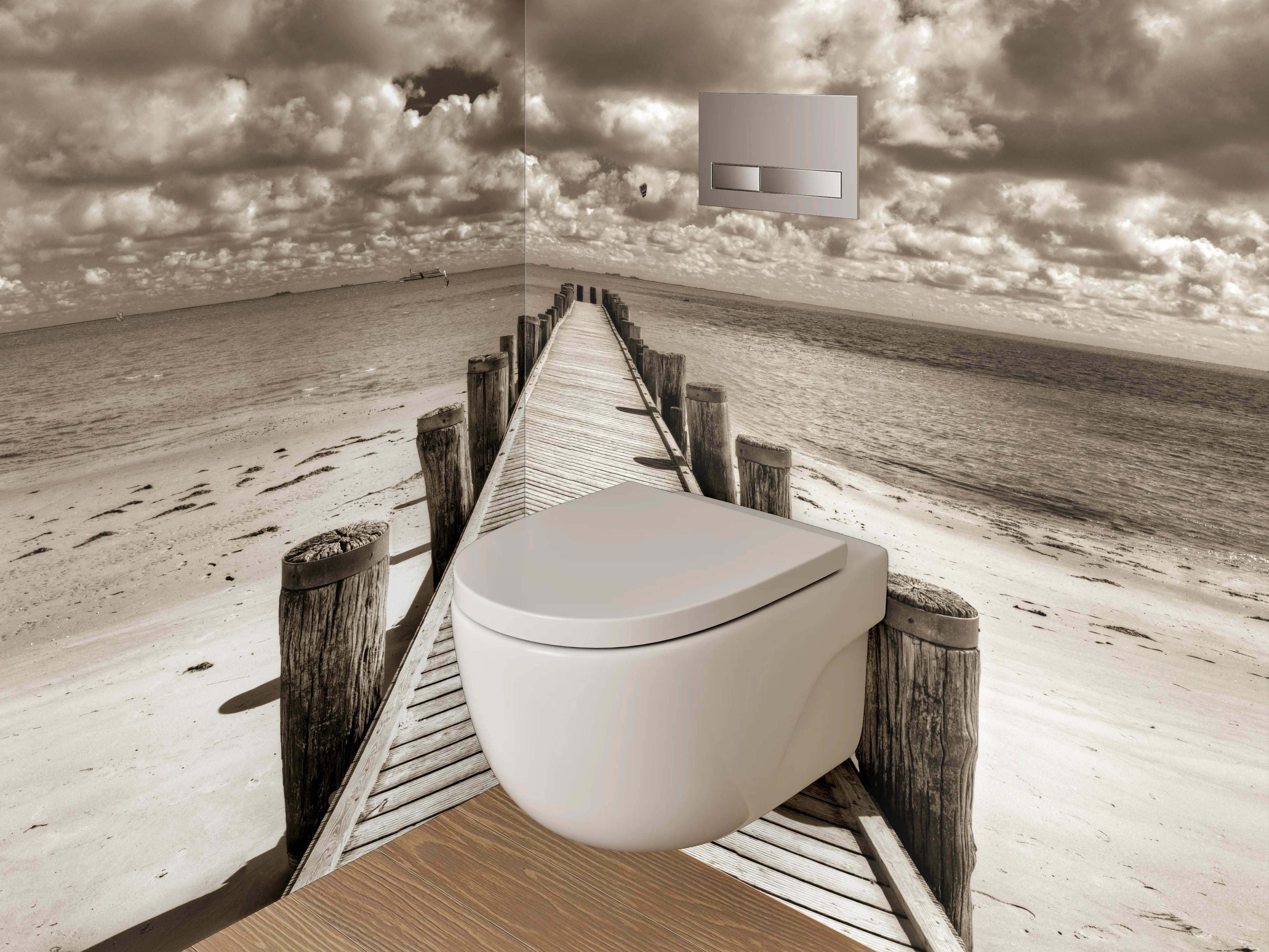 WC-Rückwand - Steg am sepiafarbenen Strand