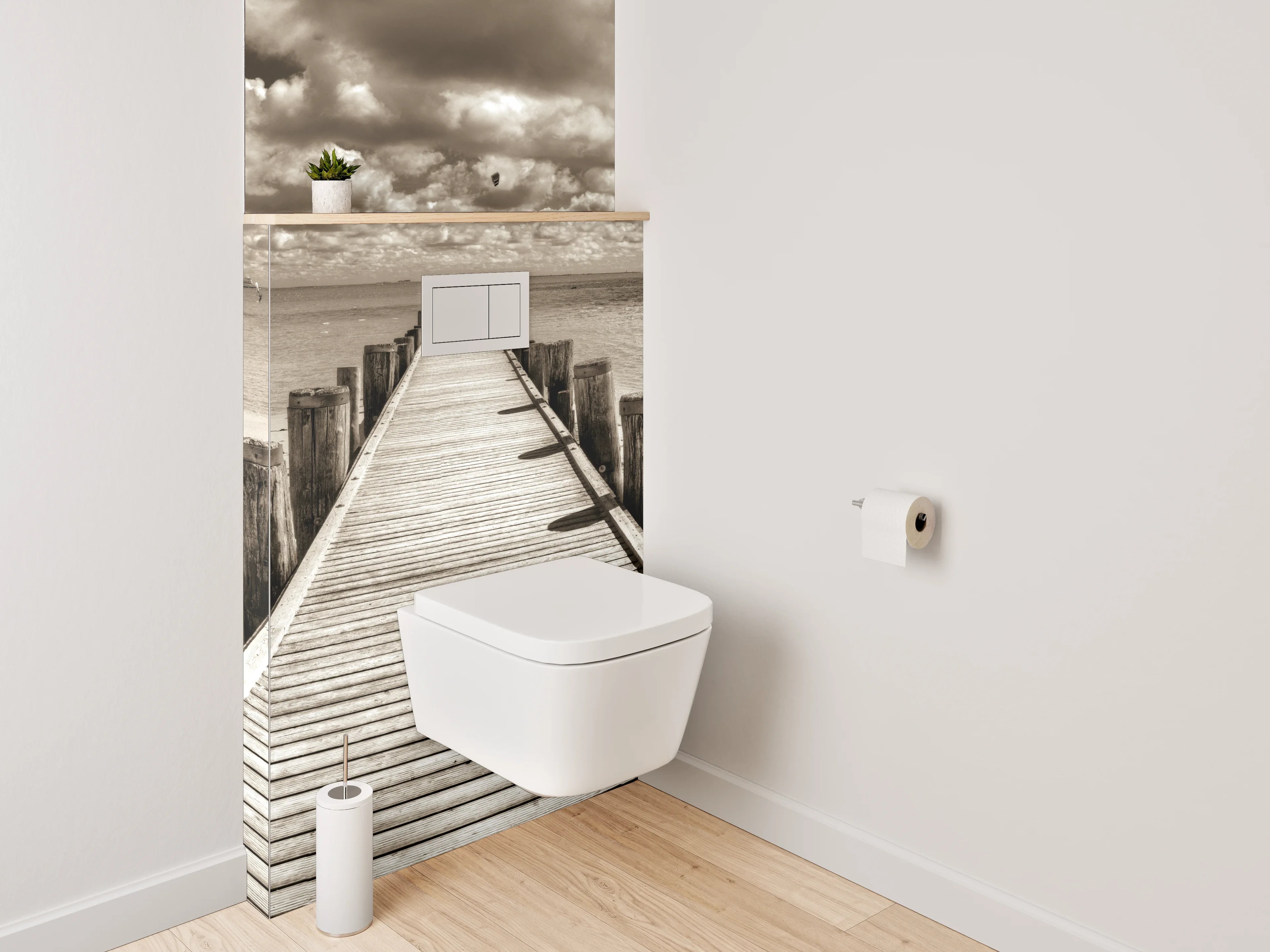 WC-Rückwand - Steg am sepiafarbenen Strand