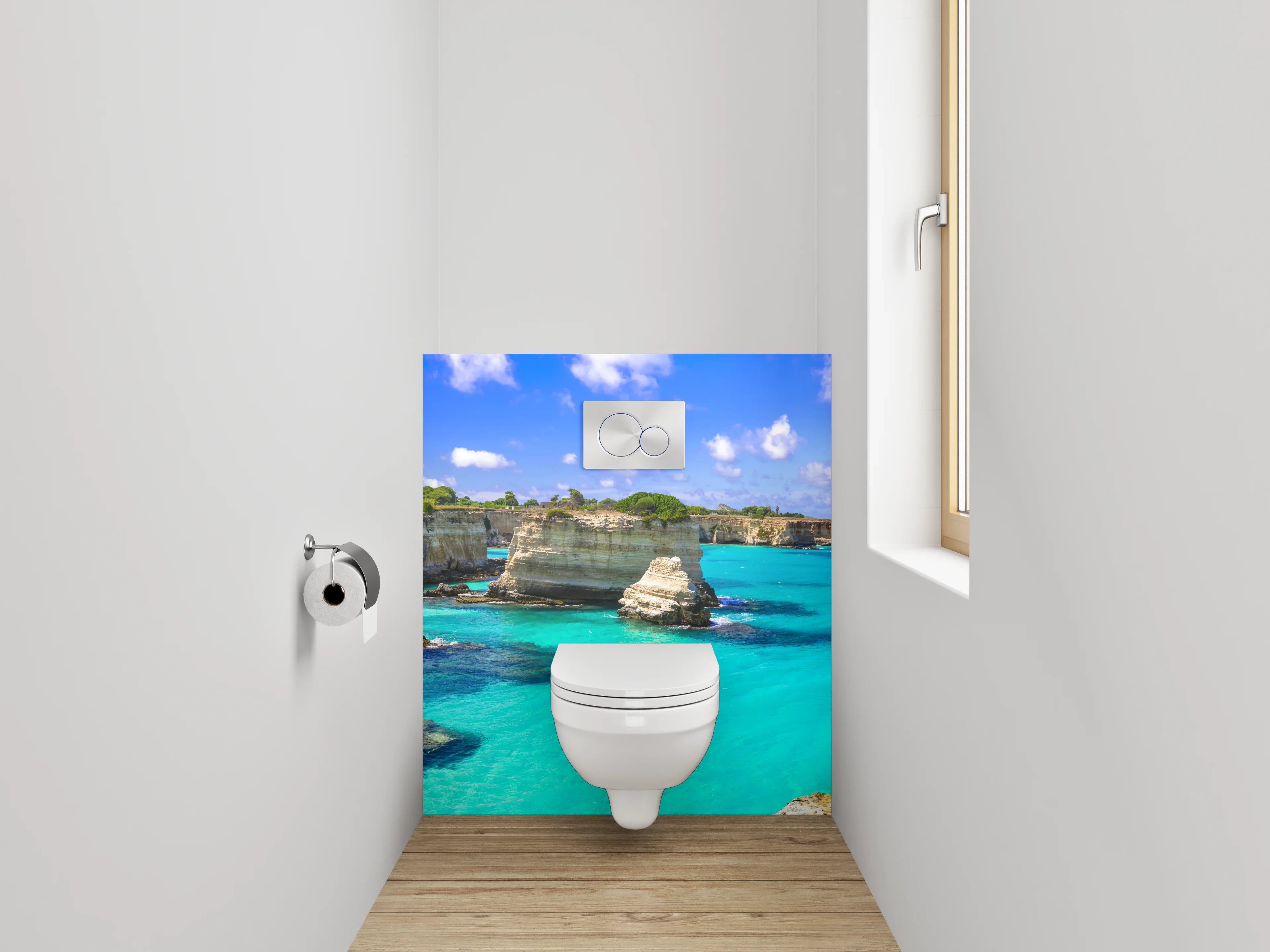 WC-Rückwand - Steilküste mit türkisblauem Meer