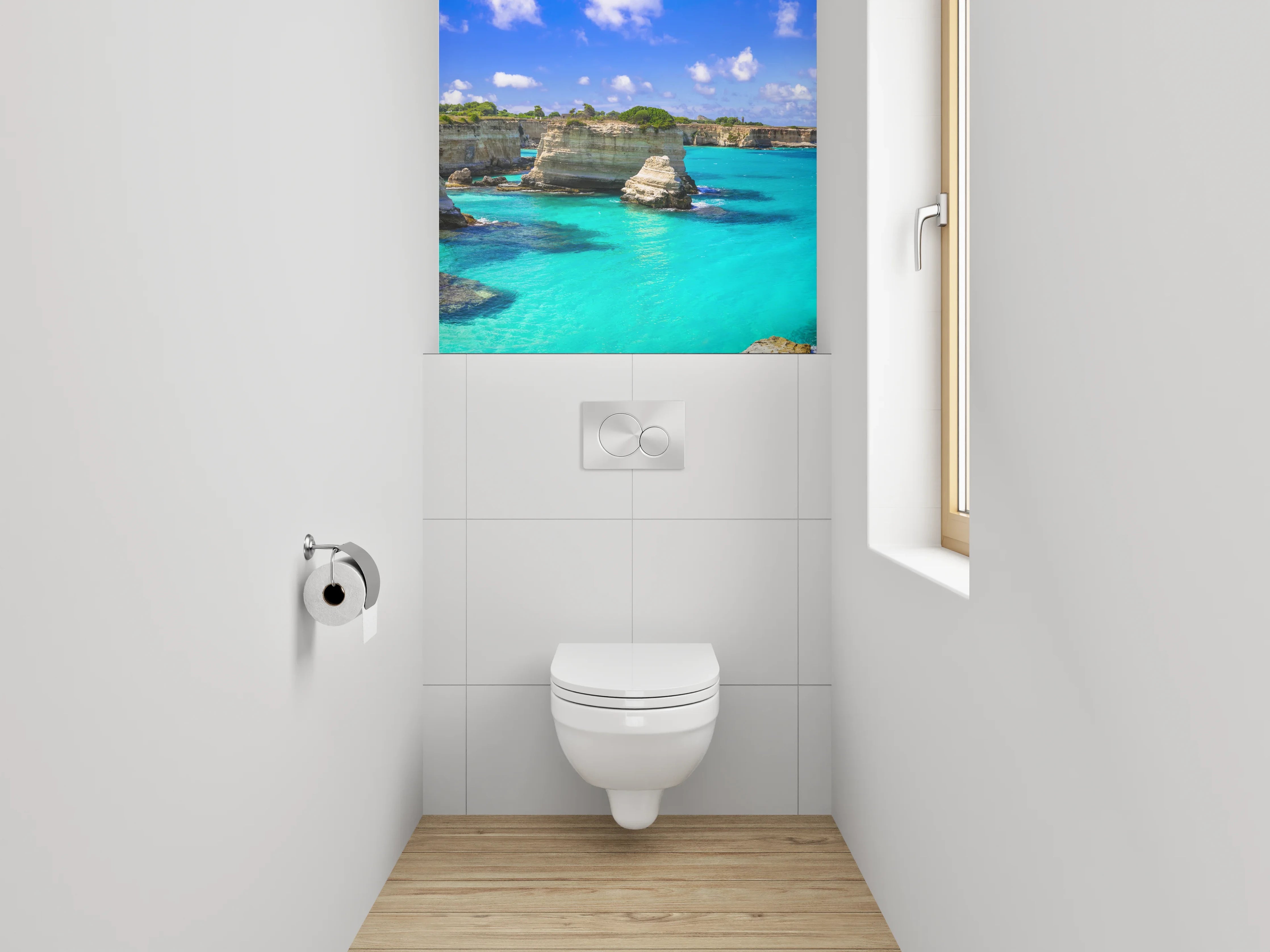 WC-Rückwand - Steilküste mit türkisblauem Meer