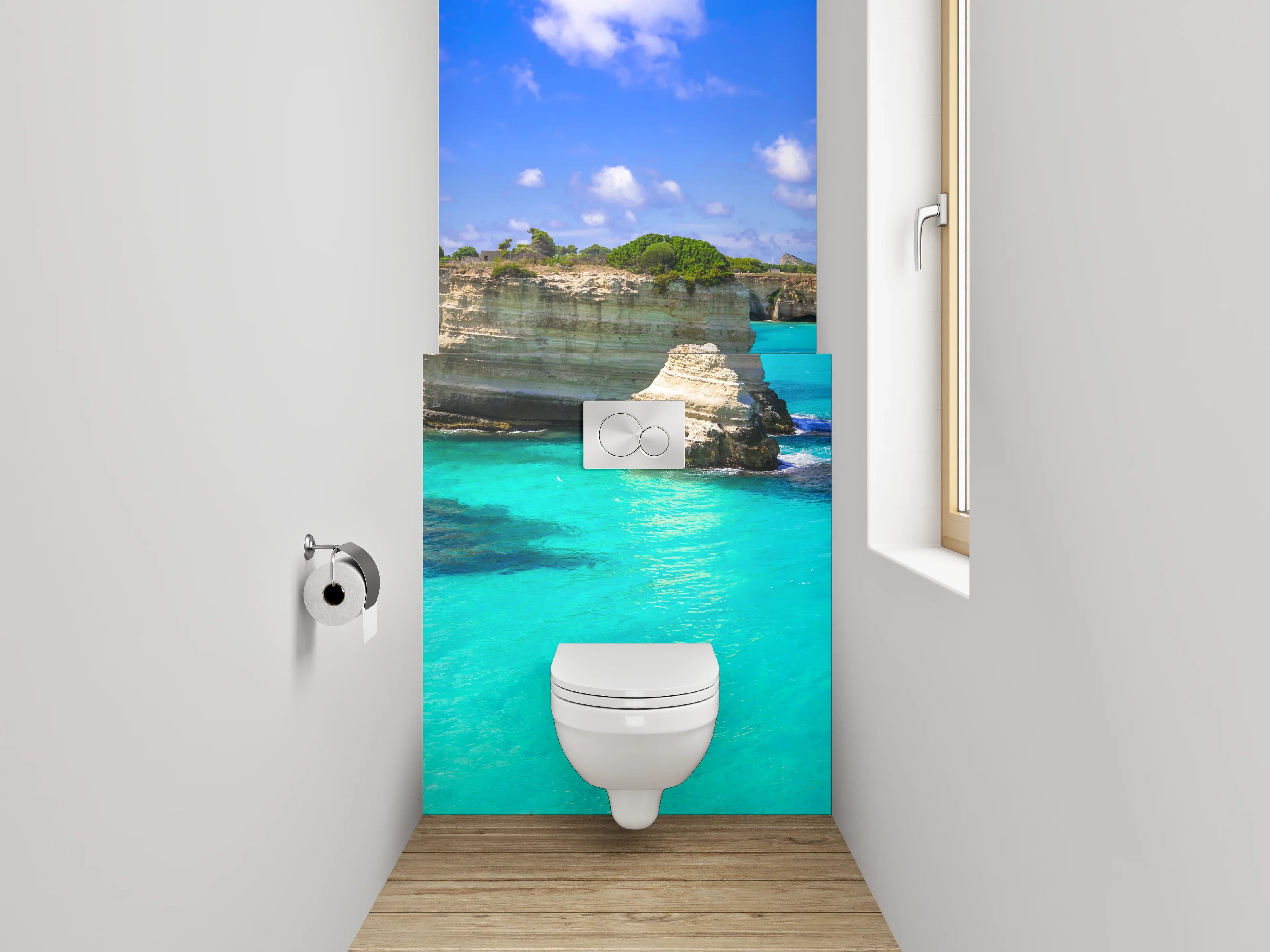 WC-Rückwand - Steilküste mit türkisblauem Meer
