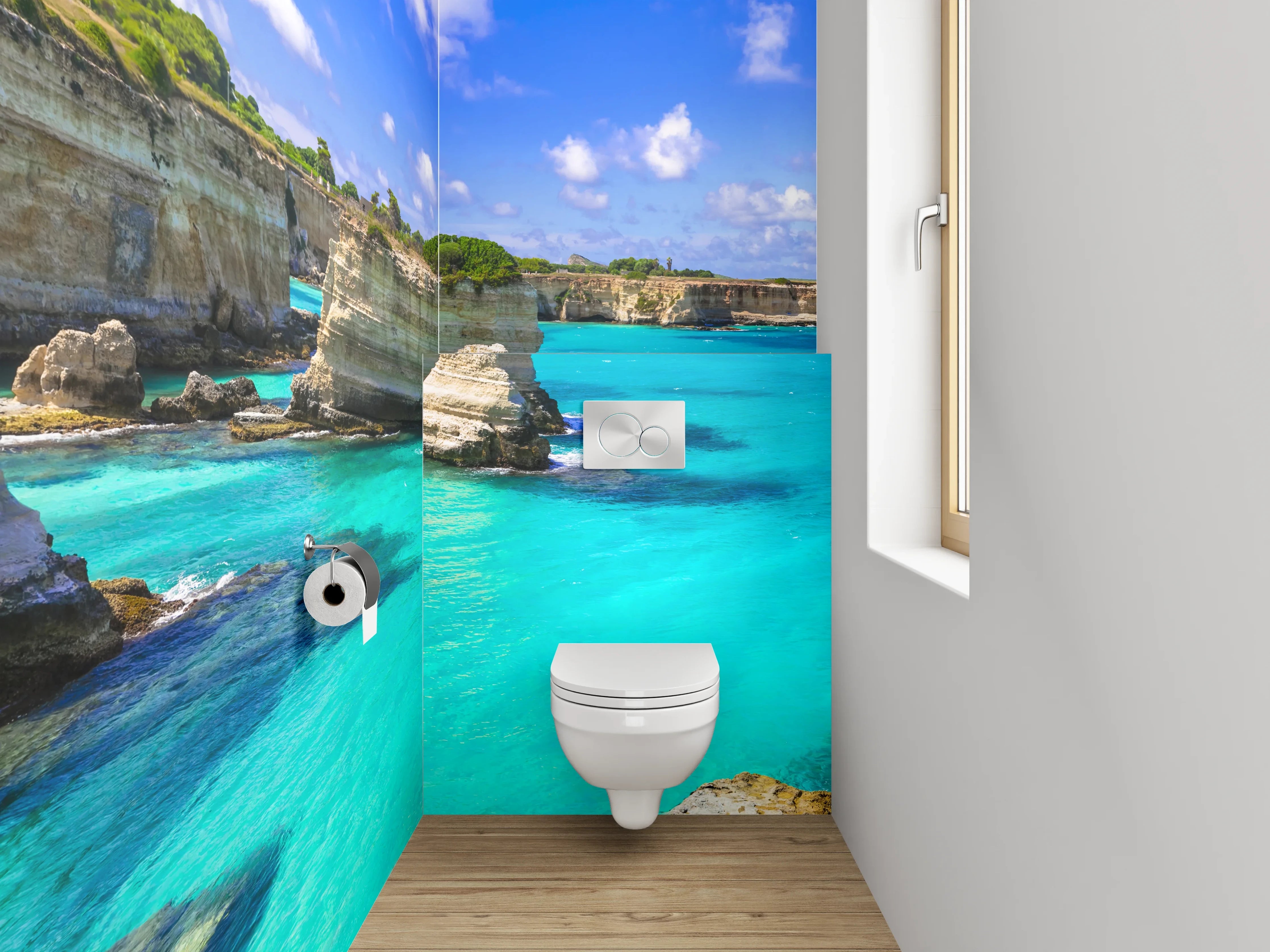 WC-Rückwand - Steilküste mit türkisblauem Meer