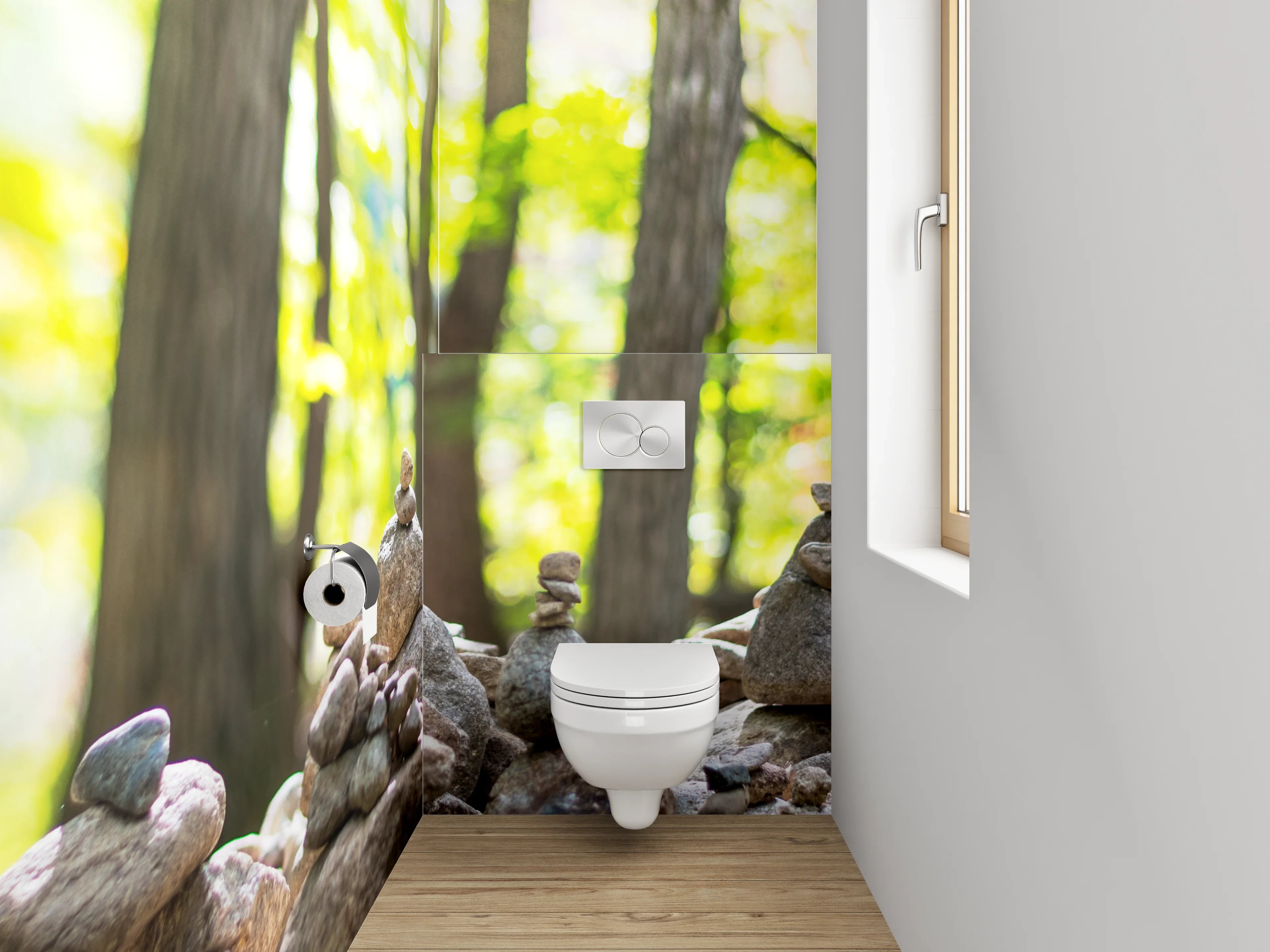 WC-Rückwand - Steinpyramiden im Wald – Zen-Motiv