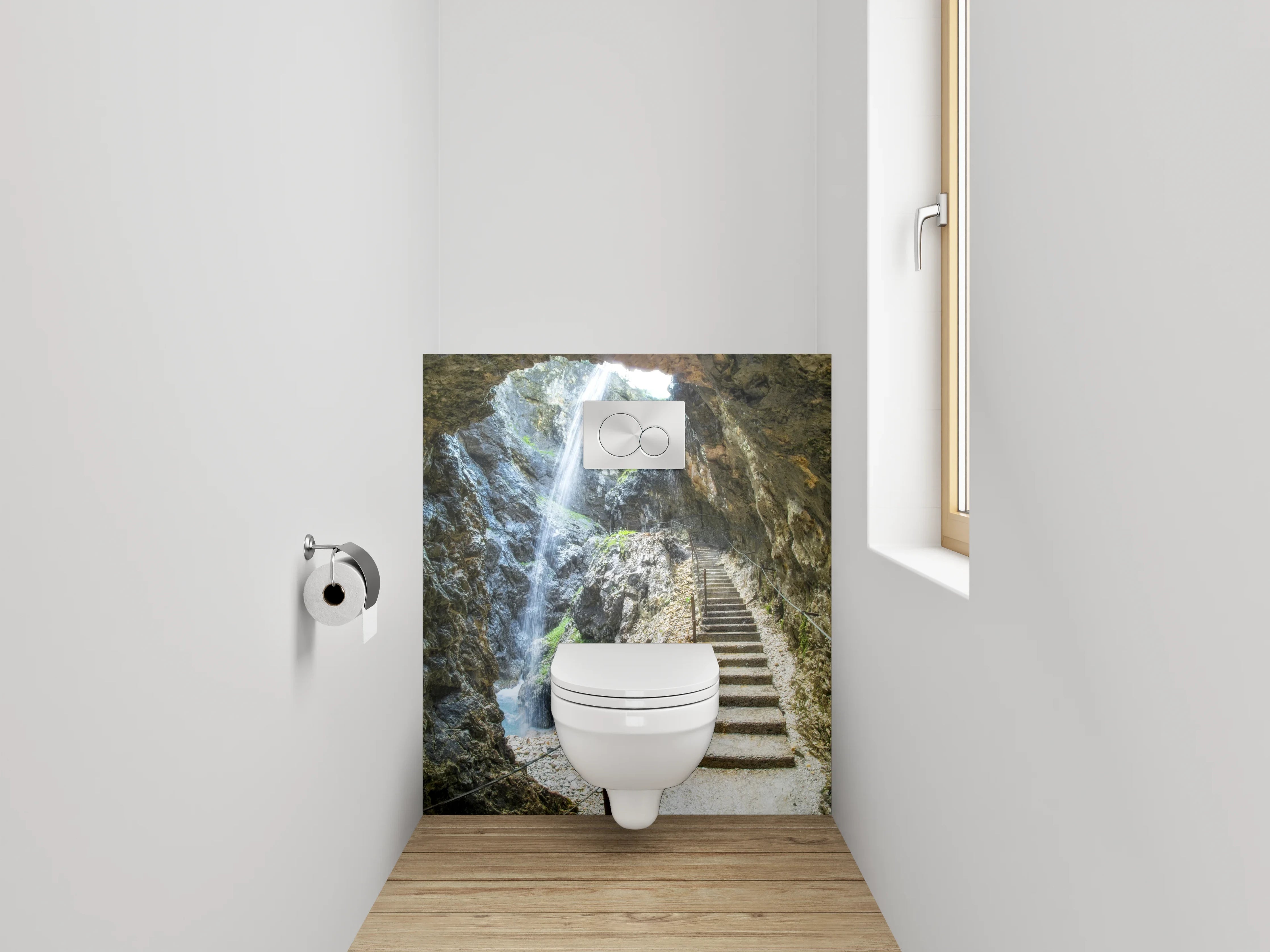 WC-Rückwand - Steintreppe in Felsenschlucht mit Wasserfall