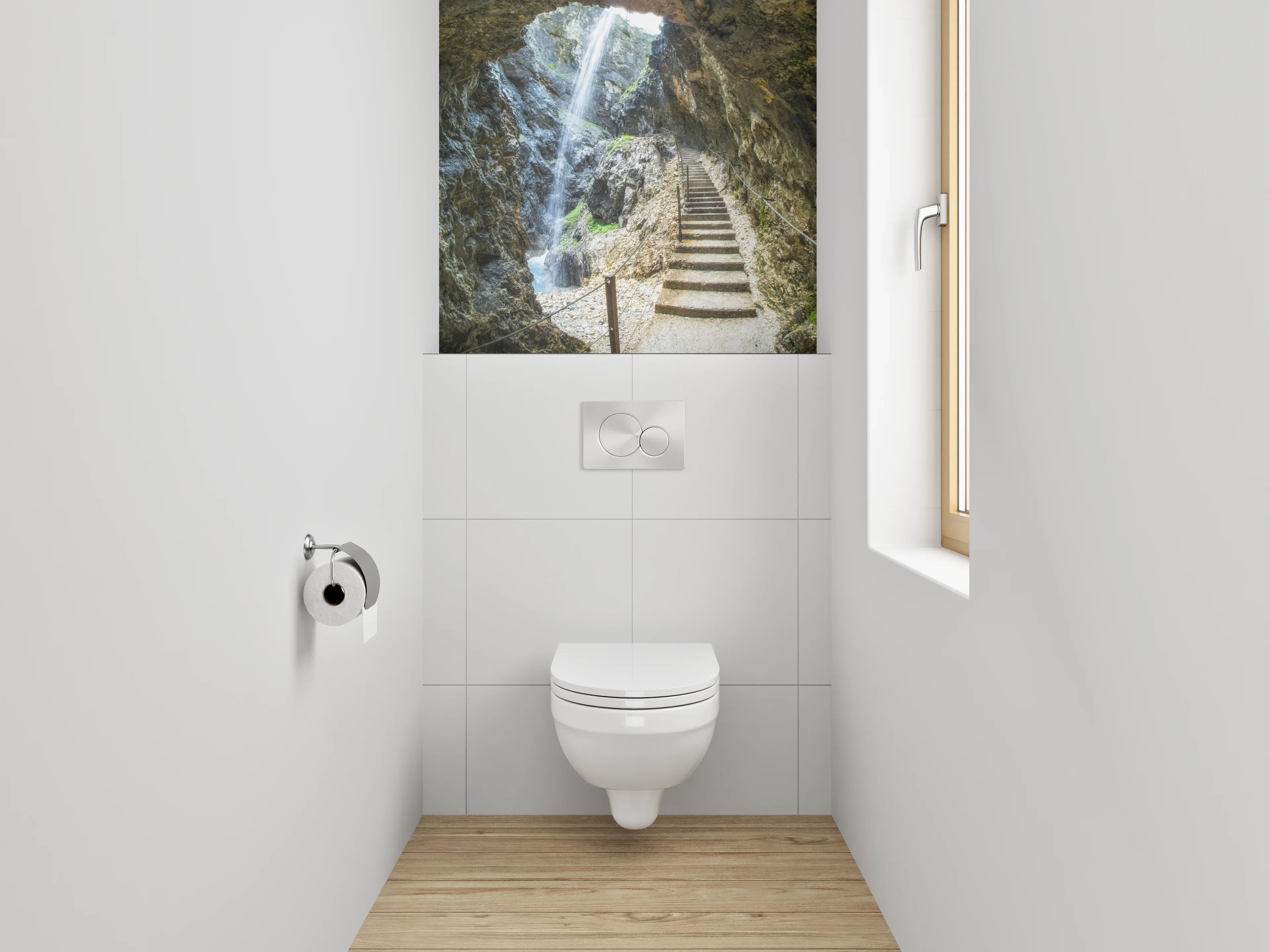 WC-Rückwand - Steintreppe in Felsenschlucht mit Wasserfall