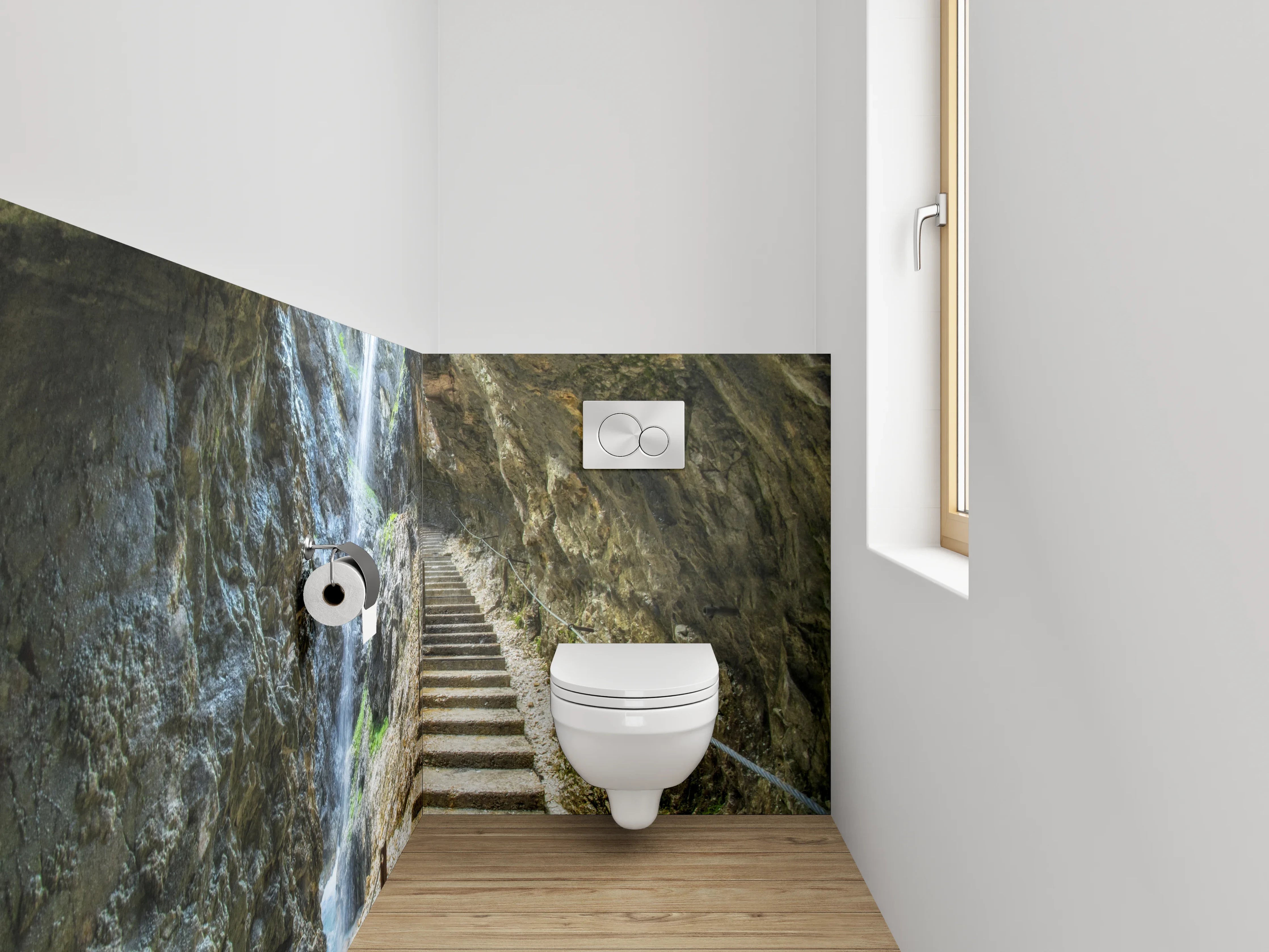 WC-Rückwand - Steintreppe in Felsenschlucht mit Wasserfall