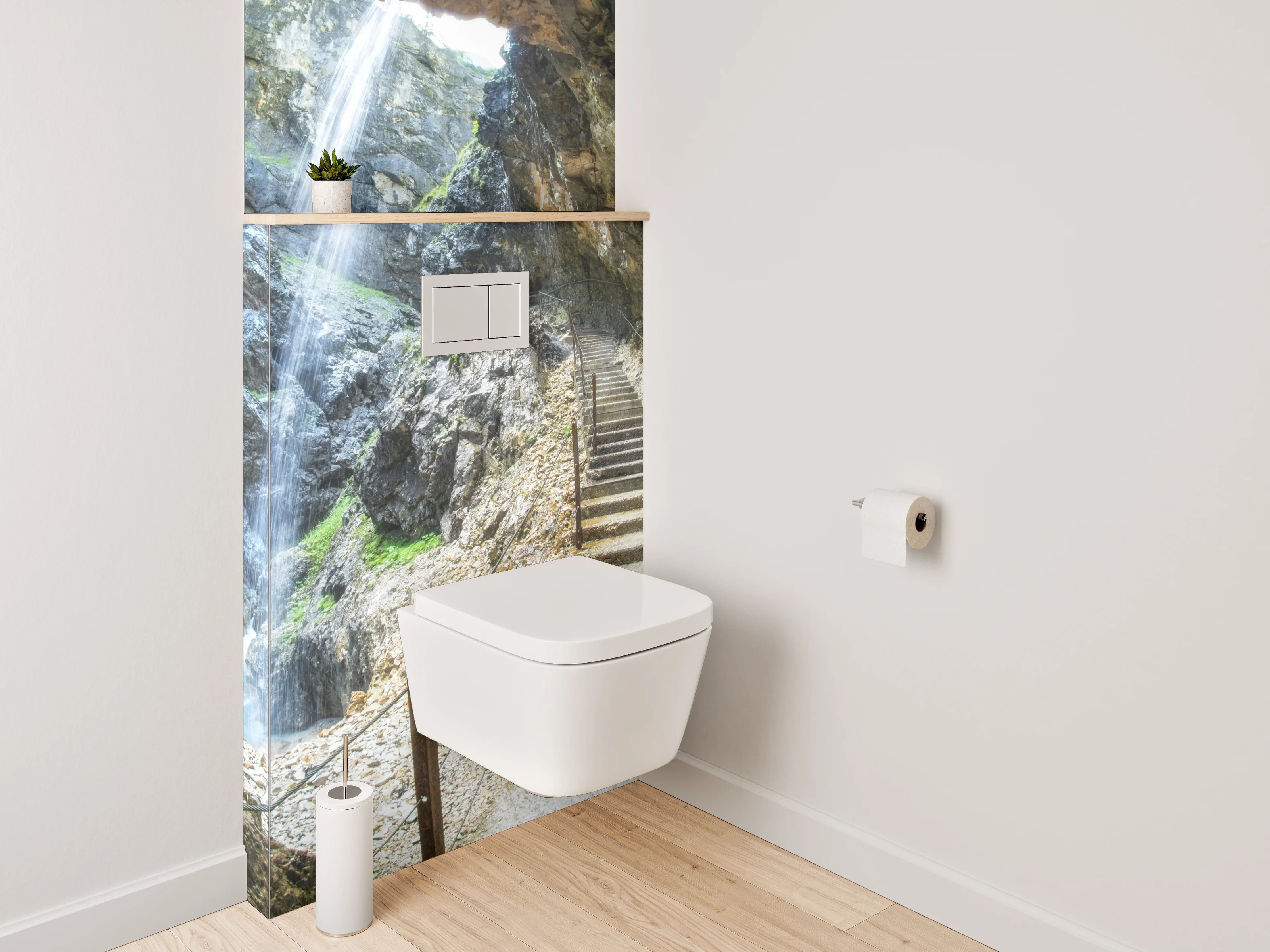 WC-Rückwand - Steintreppe in Felsenschlucht mit Wasserfall